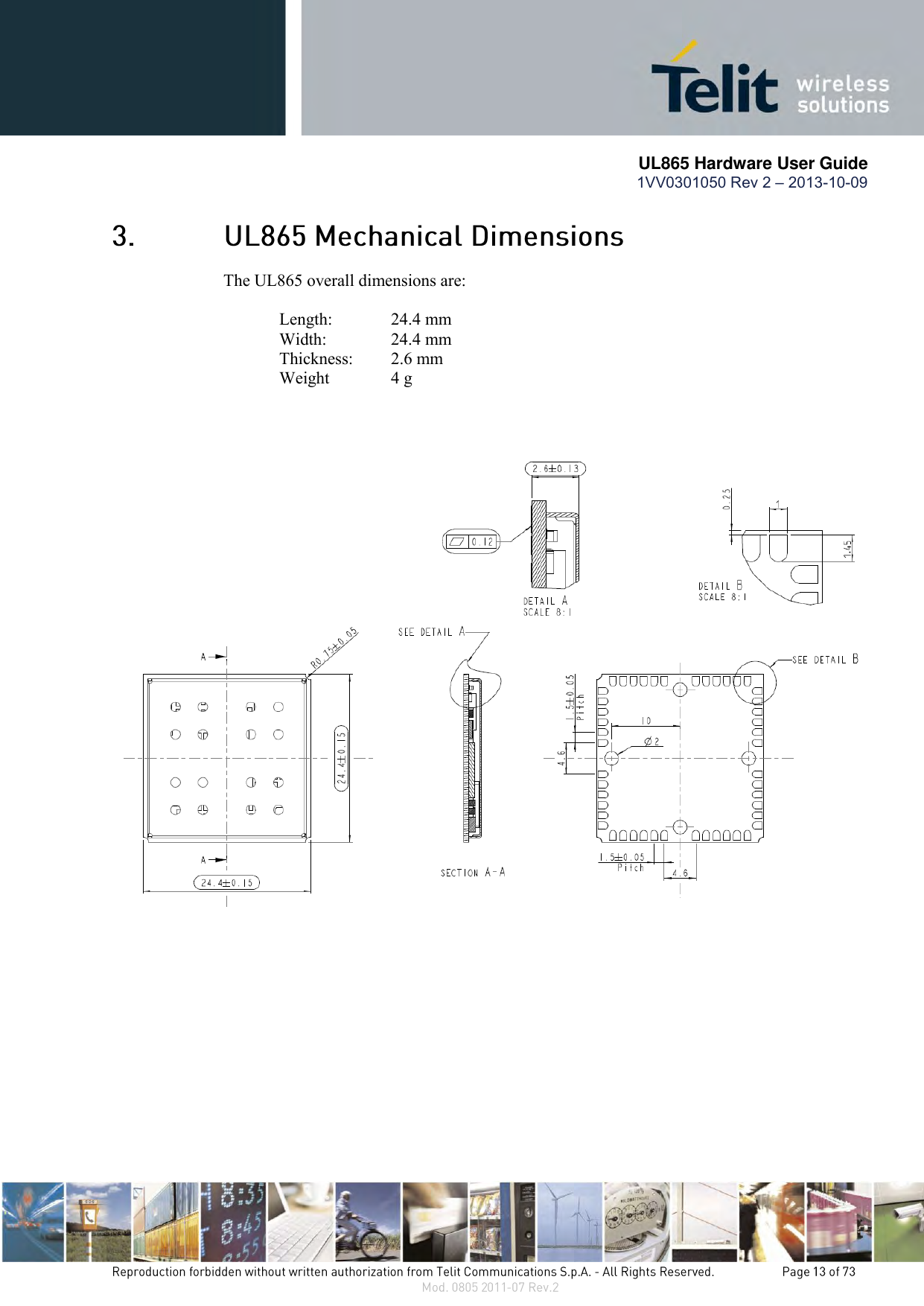      UL865 Hardware User Guide 1VV0301050 Rev 2 – 2013-10-09    The UL865 overall dimensions are:   Length:   24.4 mm  Width:    24.4 mm   Thickness:   2.6 mm  Weight   4 g           
