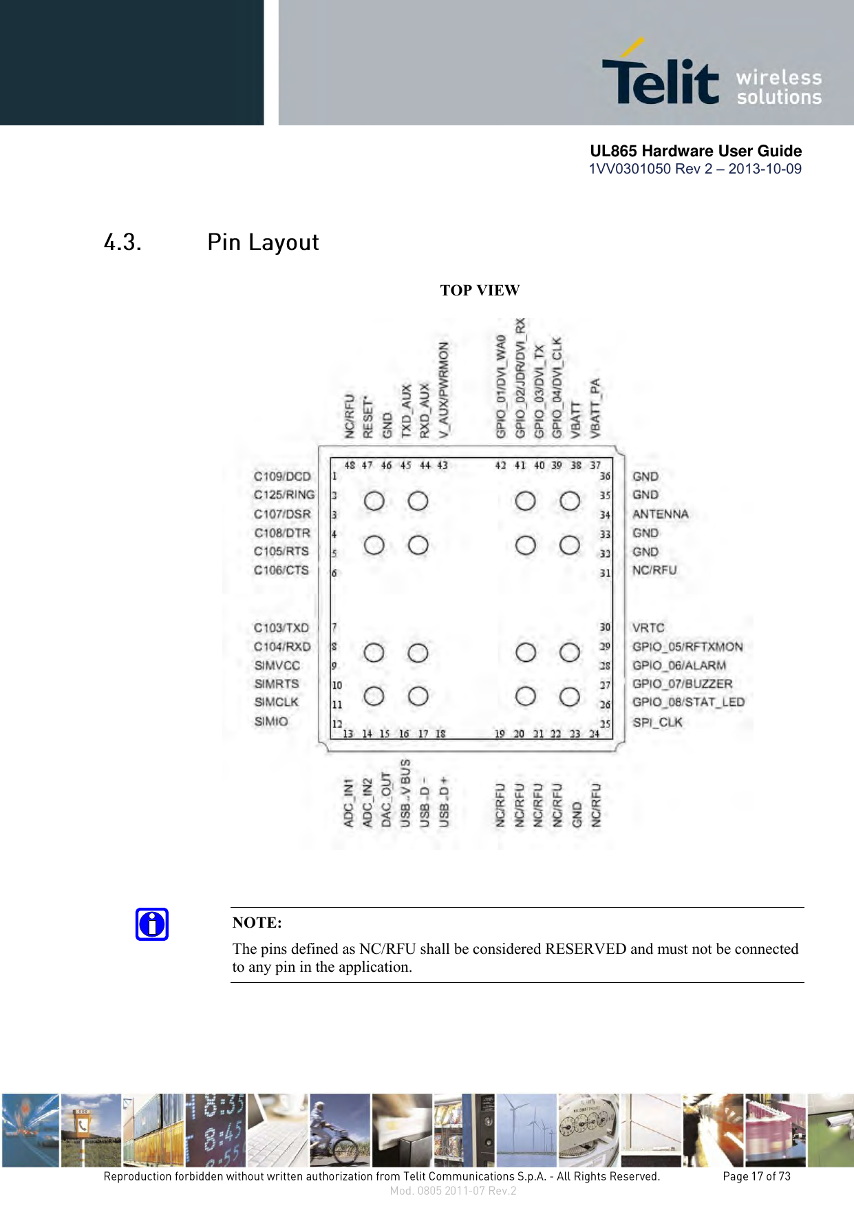       UL865 Hardware User Guide 1VV0301050 Rev 2 – 2013-10-09             TOP VIEW                                  NOTE: The pins defined as NC/RFU shall be considered RESERVED and must not be connected to any pin in the application. 