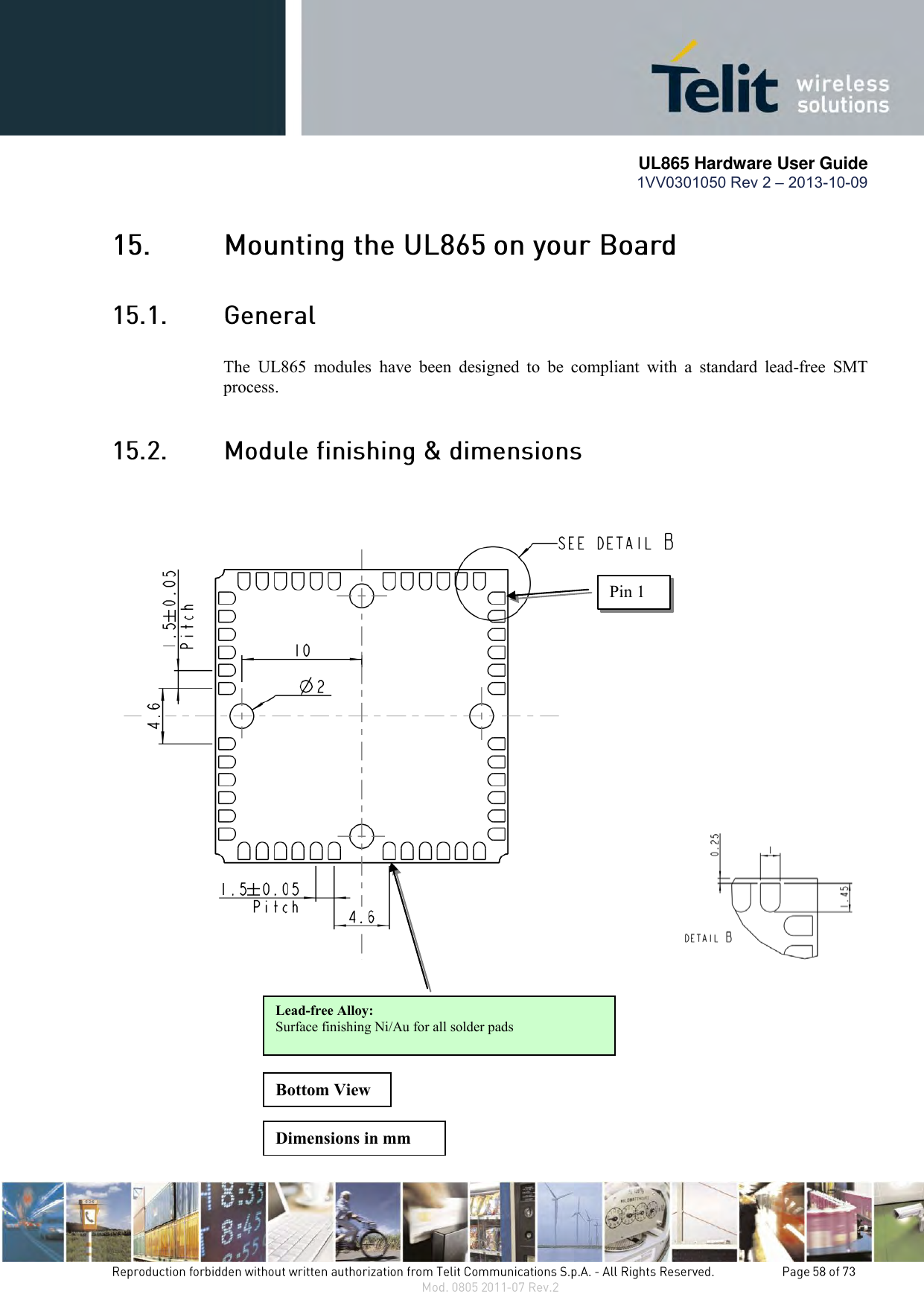       UL865 Hardware User Guide 1VV0301050 Rev 2 – 2013-10-09     The UL865  modules have  been  designed  to  be  compliant  with  a  standard  lead-free  SMT process.   Pin 1 Lead-free Alloy: Surface finishing Ni/Au for all solder pads Bottom View Dimensions in mm 