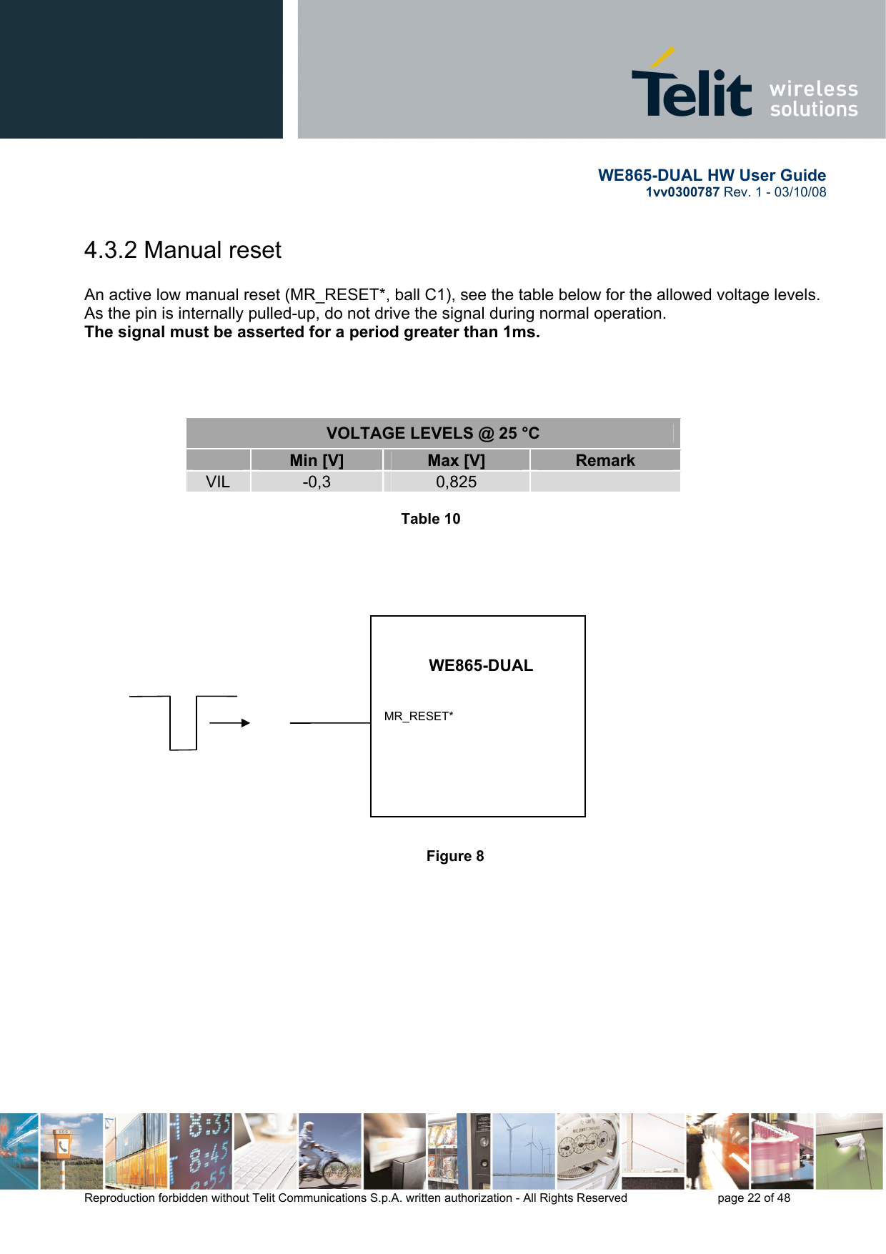       WE865-DUAL HW User Guide 1vv0300787 Rev. 1 - 03/10/08      Reproduction forbidden without Telit Communications S.p.A. written authorization - All Rights Reserved    page 22 of 48  4.3.2 Manual reset  An active low manual reset (MR_RESET*, ball C1), see the table below for the allowed voltage levels. As the pin is internally pulled-up, do not drive the signal during normal operation.  The signal must be asserted for a period greater than 1ms.     VOLTAGE LEVELS @ 25 °C    Min [V]   Max [V]  Remark VIL  -0,3  0,825     Table 10               Figure 8             WE865-DUAL MR_RESET* 