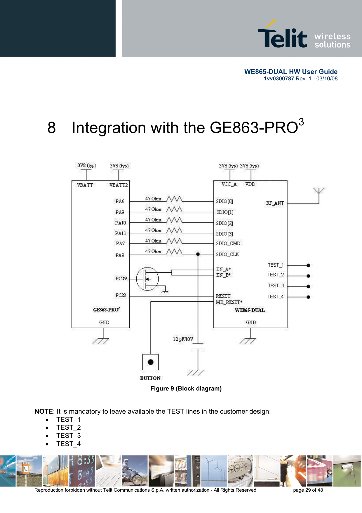       WE865-DUAL HW User Guide 1vv0300787 Rev. 1 - 03/10/08      Reproduction forbidden without Telit Communications S.p.A. written authorization - All Rights Reserved    page 29 of 48  8  Integration with the GE863-PRO3                                               Figure 9 (Block diagram)                                                                                              NOTE: It is mandatory to leave available the TEST lines in the customer design: • TEST_1 • TEST_2 • TEST_3 • TEST_4 