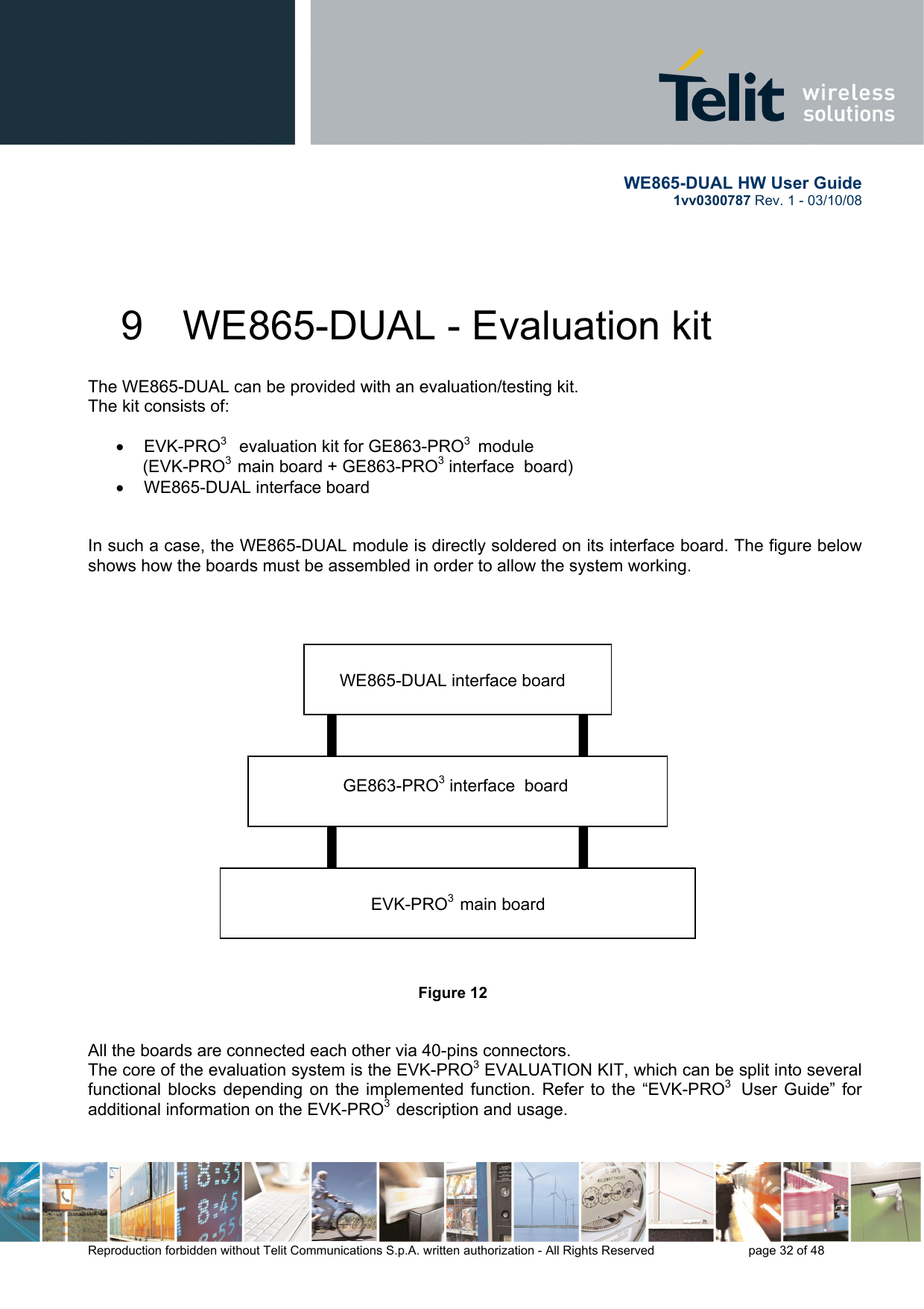       WE865-DUAL HW User Guide 1vv0300787 Rev. 1 - 03/10/08      Reproduction forbidden without Telit Communications S.p.A. written authorization - All Rights Reserved    page 32 of 48  9  WE865-DUAL - Evaluation kit  The WE865-DUAL can be provided with an evaluation/testing kit.  The kit consists of:  • EVK-PRO3   evaluation kit for GE863-PRO3  module  (EVK-PRO3  main board + GE863-PRO3 interface  board) •  WE865-DUAL interface board     In such a case, the WE865-DUAL module is directly soldered on its interface board. The figure below shows how the boards must be assembled in order to allow the system working.                            Figure 12   All the boards are connected each other via 40-pins connectors. The core of the evaluation system is the EVK-PRO3 EVALUATION KIT, which can be split into several functional blocks depending on the implemented function. Refer to the “EVK-PRO3  User Guide” for additional information on the EVK-PRO3  description and usage. EVK-PRO3  main boardGE863-PRO3 interface  board WE865-DUAL interface board 