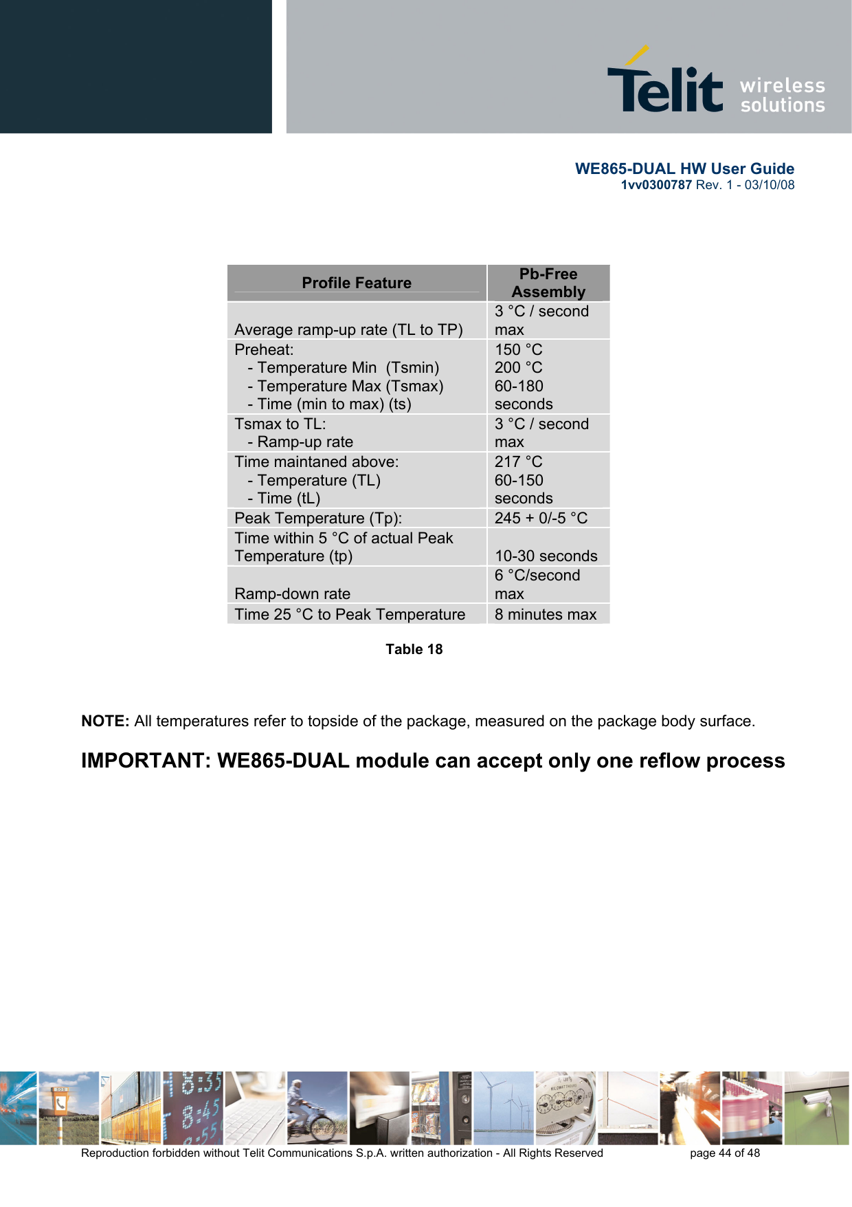       WE865-DUAL HW User Guide 1vv0300787 Rev. 1 - 03/10/08      Reproduction forbidden without Telit Communications S.p.A. written authorization - All Rights Reserved    page 44 of 48                   Profile Feature  Pb-Free Assembly Average ramp-up rate (TL to TP) 3 °C / second max Preheat:    - Temperature Min  (Tsmin)    - Temperature Max (Tsmax)    - Time (min to max) (ts) 150 °C 200 °C 60-180 seconds Tsmax to TL:    - Ramp-up rate 3 °C / second max Time maintaned above:    - Temperature (TL)    - Time (tL) 217 °C 60-150 seconds Peak Temperature (Tp):  245 + 0/-5 °C Time within 5 °C of actual Peak Temperature (tp)  10-30 seconds Ramp-down rate 6 °C/second max Time 25 °C to Peak Temperature  8 minutes max  Table 18    NOTE: All temperatures refer to topside of the package, measured on the package body surface.  IMPORTANT: WE865-DUAL module can accept only one reflow process          