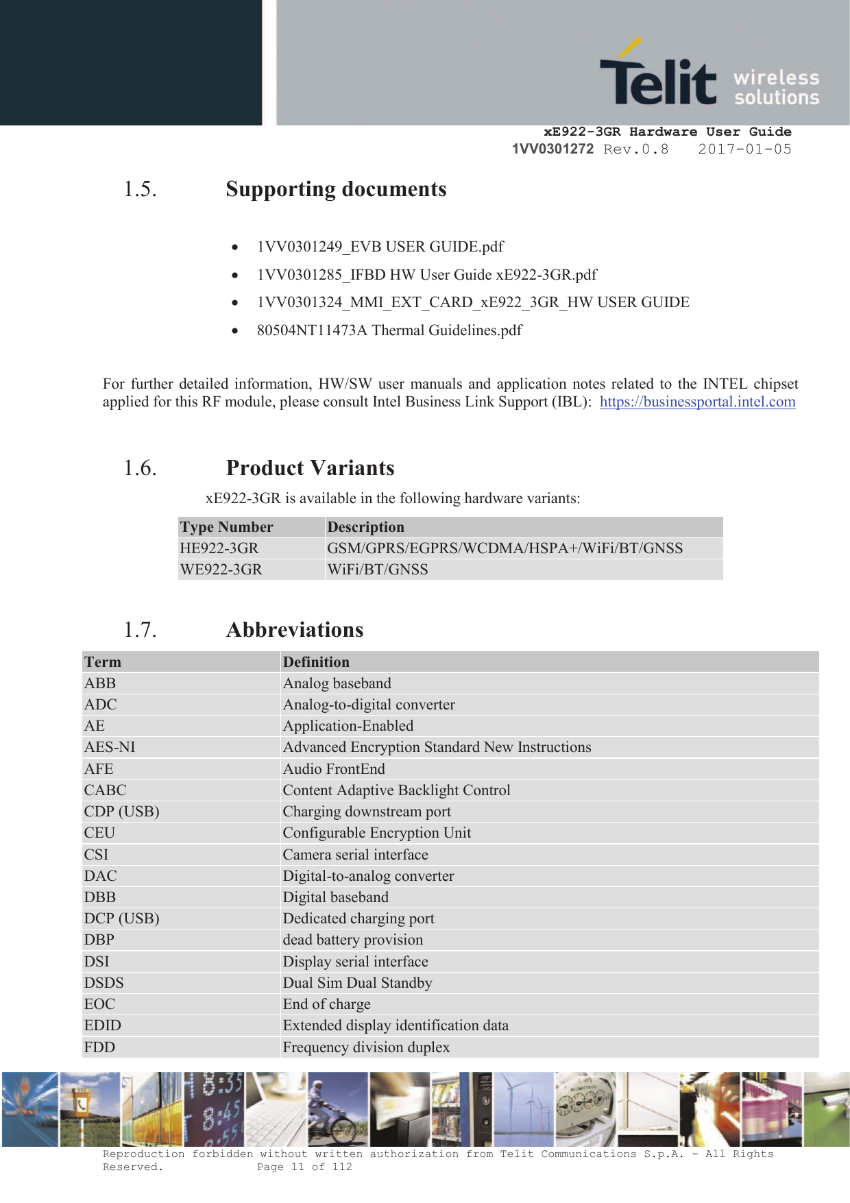     xE922-3GR Hardware User Guide 1VV0301272 Rev.0.8   2017-01-05 Reproduction forbidden without written authorization from Telit Communications S.p.A. - All Rights Reserved.    Page 11 of 112  1.5. Supporting documents  · 1VV0301249_EVB USER GUIDE.pdf  · 1VV0301285_IFBD HW User Guide xE922-3GR.pdf  · 1VV0301324_MMI_EXT_CARD_xE922_3GR_HW USER GUIDE · 80504NT11473A Thermal Guidelines.pdf  For further detailed information, HW/SW  user manuals and application notes related to the INTEL chipset applied for this RF module, please consult Intel Business Link Support (IBL):  https://businessportal.intel.com  1.6. Product Variants xE922-3GR is available in the following hardware variants: Type Number Description HE922-3GR GSM/GPRS/EGPRS/WCDMA/HSPA+/WiFi/BT/GNSS WE922-3GR WiFi/BT/GNSS  1.7. Abbreviations Term Definition ABB Analog baseband ADC Analog-to-digital converter AE Application-Enabled AES-NI Advanced Encryption Standard New Instructions AFE Audio FrontEnd CABC Content Adaptive Backlight Control CDP (USB) Charging downstream port CEU Configurable Encryption Unit CSI Camera serial interface DAC Digital-to-analog converter DBB Digital baseband DCP (USB) Dedicated charging port DBP  dead battery provision DSI Display serial interface DSDS Dual Sim Dual Standby EOC End of charge EDID Extended display identification data FDD Frequency division duplex 