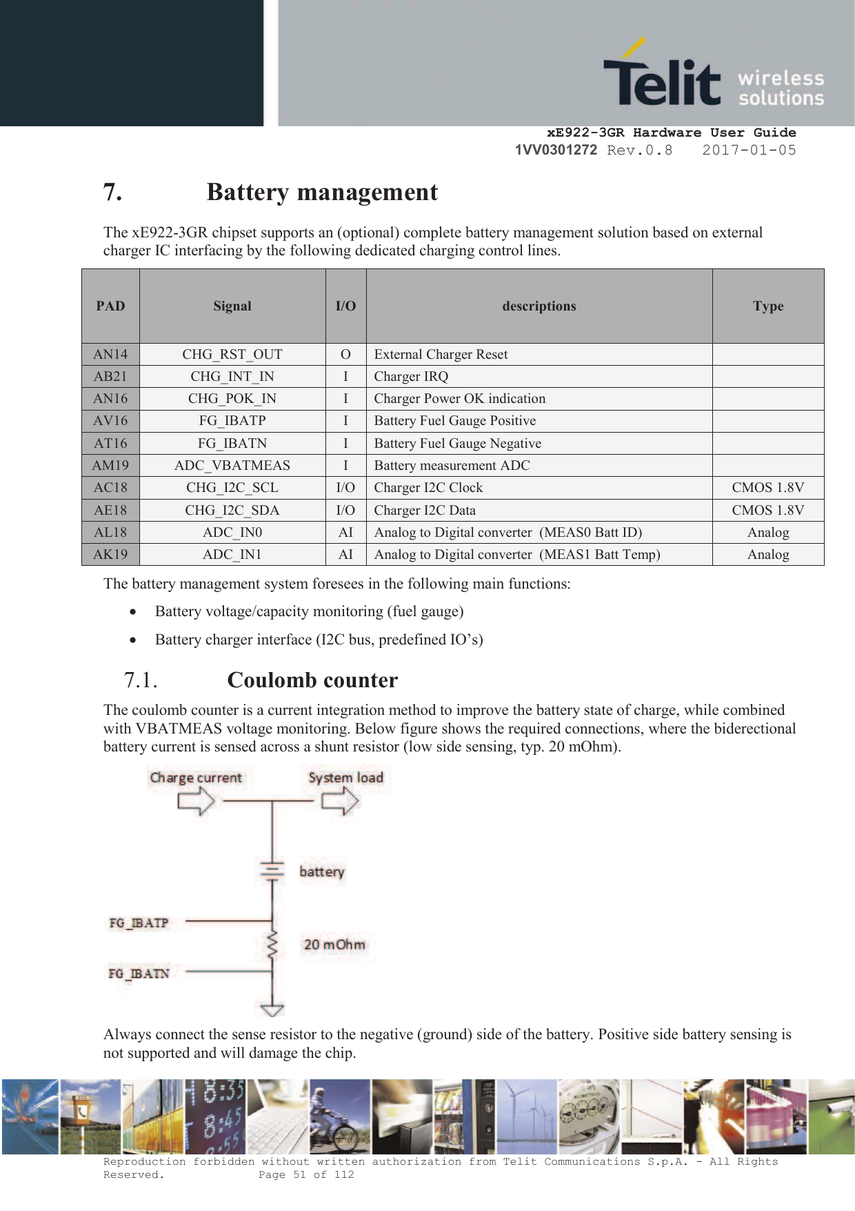     xE922-3GR Hardware User Guide 1VV0301272 Rev.0.8   2017-01-05 Reproduction forbidden without written authorization from Telit Communications S.p.A. - All Rights Reserved.    Page 51 of 112  7. Battery management  The xE922-3GR chipset supports an (optional) complete battery management solution based on external charger IC interfacing by the following dedicated charging control lines. PAD Signal I/O descriptions  Type AN14 CHG_RST_OUT O External Charger Reset   AB21 CHG_INT_IN I Charger IRQ   AN16 CHG_POK_IN I Charger Power OK indication   AV16 FG_IBATP I Battery Fuel Gauge Positive   AT16 FG_IBATN I Battery Fuel Gauge Negative   AM19 ADC_VBATMEAS I Battery measurement ADC    AC18 CHG_I2C_SCL I/O Charger I2C Clock CMOS 1.8V AE18 CHG_I2C_SDA I/O Charger I2C Data CMOS 1.8V AL18 ADC_IN0 AI Analog to Digital converter  (MEAS0 Batt ID) Analog AK19 ADC_IN1 AI Analog to Digital converter  (MEAS1 Batt Temp) Analog The battery management system foresees in the following main functions: · Battery voltage/capacity monitoring (fuel gauge) · Battery charger interface (I2C bus, predefined IO’s) 7.1. Coulomb counter  The coulomb counter is a current integration method to improve the battery state of charge, while combined with VBATMEAS voltage monitoring. Below figure shows the required connections, where the biderectional battery current is sensed across a shunt resistor (low side sensing, typ. 20 mOhm).   Always connect the sense resistor to the negative (ground) side of the battery. Positive side battery sensing is not supported and will damage the chip.  