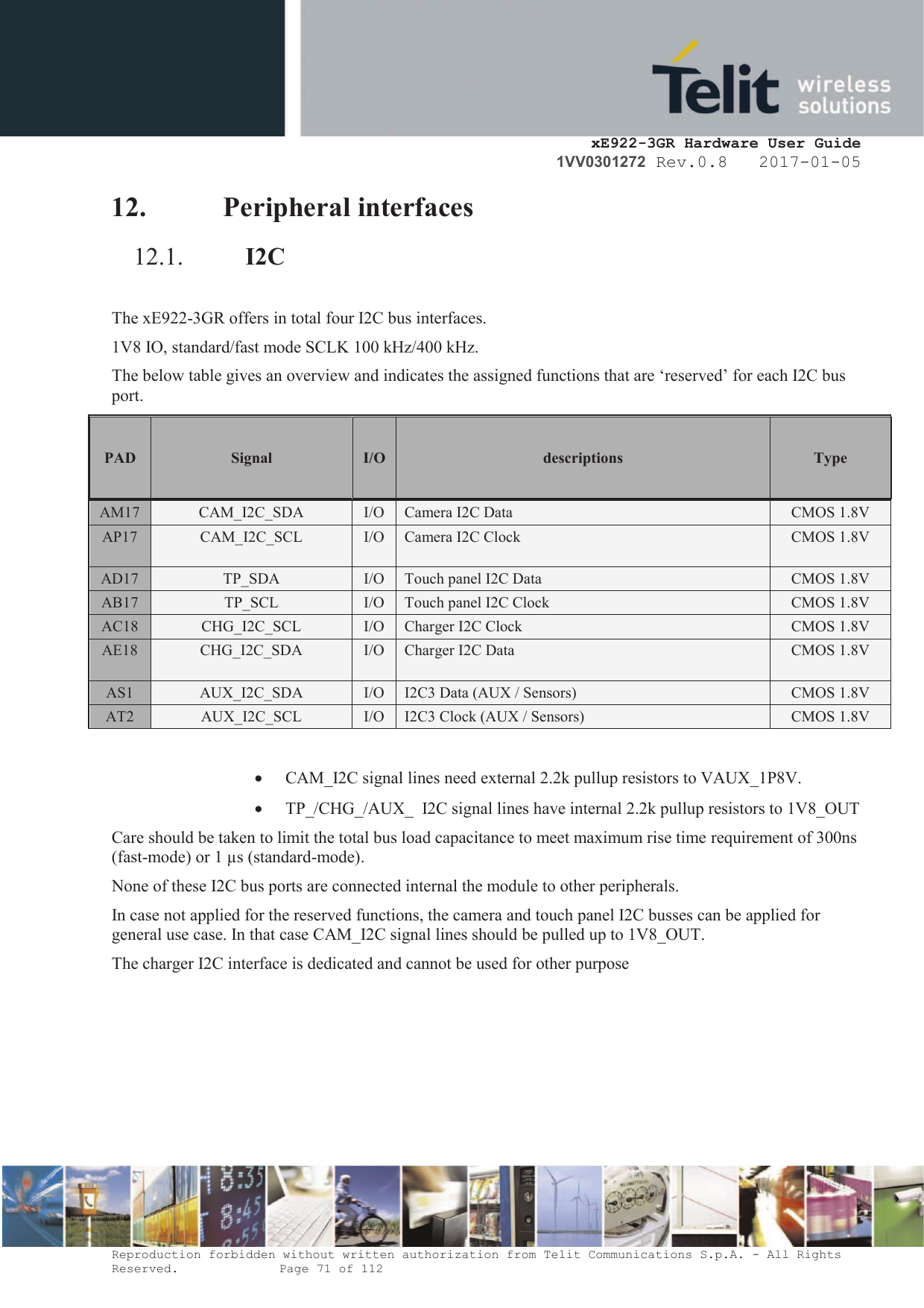     xE922-3GR Hardware User Guide 1VV0301272 Rev.0.8   2017-01-05 Reproduction forbidden without written authorization from Telit Communications S.p.A. - All Rights Reserved.    Page 71 of 112  12. Peripheral interfaces 12.1. I2C  The xE922-3GR offers in total four I2C bus interfaces. 1V8 IO, standard/fast mode SCLK 100 kHz/400 kHz. The below table gives an overview and indicates the assigned functions that are ‘reserved’ for each I2C bus port. PAD Signal I/O descriptions  Type  AM17 CAM_I2C_SDA I/O Camera I2C Data CMOS 1.8V AP17 CAM_I2C_SCL I/O Camera I2C Clock CMOS 1.8V      AD17 TP_SDA I/O Touch panel I2C Data CMOS 1.8V AB17 TP_SCL I/O Touch panel I2C Clock CMOS 1.8V AC18 CHG_I2C_SCL I/O Charger I2C Clock CMOS 1.8V AE18 CHG_I2C_SDA I/O Charger I2C Data CMOS 1.8V      AS1 AUX_I2C_SDA I/O I2C3 Data (AUX / Sensors) CMOS 1.8V AT2 AUX_I2C_SCL I/O I2C3 Clock (AUX / Sensors) CMOS 1.8V  · CAM_I2C signal lines need external 2.2k pullup resistors to VAUX_1P8V. · TP_/CHG_/AUX_  I2C signal lines have internal 2.2k pullup resistors to 1V8_OUT Care should be taken to limit the total bus load capacitance to meet maximum rise time requirement of 300ns (fast-mode) or 1 µs (standard-mode). None of these I2C bus ports are connected internal the module to other peripherals. In case not applied for the reserved functions, the camera and touch panel I2C busses can be applied for general use case. In that case CAM_I2C signal lines should be pulled up to 1V8_OUT. The charger I2C interface is dedicated and cannot be used for other purpose    