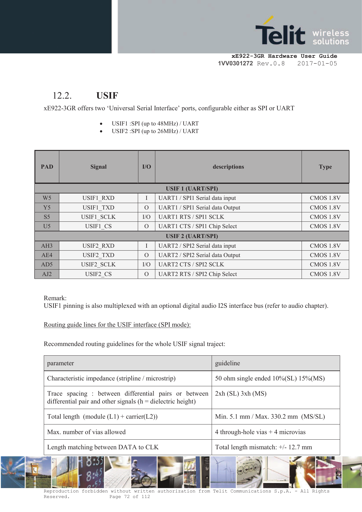     xE922-3GR Hardware User Guide 1VV0301272 Rev.0.8   2017-01-05 Reproduction forbidden without written authorization from Telit Communications S.p.A. - All Rights Reserved.    Page 72 of 112   12.2. USIF xE922-3GR offers two ‘Universal Serial Interface’ ports, configurable either as SPI or UART  · USIF1 :SPI (up to 48MHz) / UART  · USIF2 :SPI (up to 26MHz) / UART    PAD Signal I/O descriptions  Type  USIF 1 (UART/SPI) W5 USIF1_RXD I UART1 / SPI1 Serial data input CMOS 1.8V Y5 USIF1_TXD O UART1 / SPI1 Serial data Output CMOS 1.8V S5 USIF1_SCLK I/O UART1 RTS / SPI1 SCLK CMOS 1.8V U5 USIF1_CS O UART1 CTS / SPI1 Chip Select CMOS 1.8V USIF 2 (UART/SPI) AH3 USIF2_RXD I UART2 / SPI2 Serial data input CMOS 1.8V AE4 USIF2_TXD O UART2 / SPI2 Serial data Output CMOS 1.8V AD5 USIF2_SCLK I/O UART2 CTS / SPI2 SCLK CMOS 1.8V AJ2 USIF2_CS O UART2 RTS / SPI2 Chip Select CMOS 1.8V   Remark: USIF1 pinning is also multiplexed with an optional digital audio I2S interface bus (refer to audio chapter).  Routing guide lines for the USIF interface (SPI mode):  Recommended routing guidelines for the whole USIF signal traject:  parameter  guideline Characteristic impedance (stripline / microstrip) 50 ohm single ended 10%(SL) 15%(MS) Trace  spacing  :  between  differential  pairs  or  between differential pair and other signals (h = dielectric height) 2xh (SL) 3xh (MS) Total length  (module (L1) + carrier(L2)) Min. 5.1 mm / Max. 330.2 mm  (MS/SL) Max. number of vias allowed 4 through-hole vias + 4 microvias  Length matching between DATA to CLK Total length mismatch: +/- 12.7 mm 