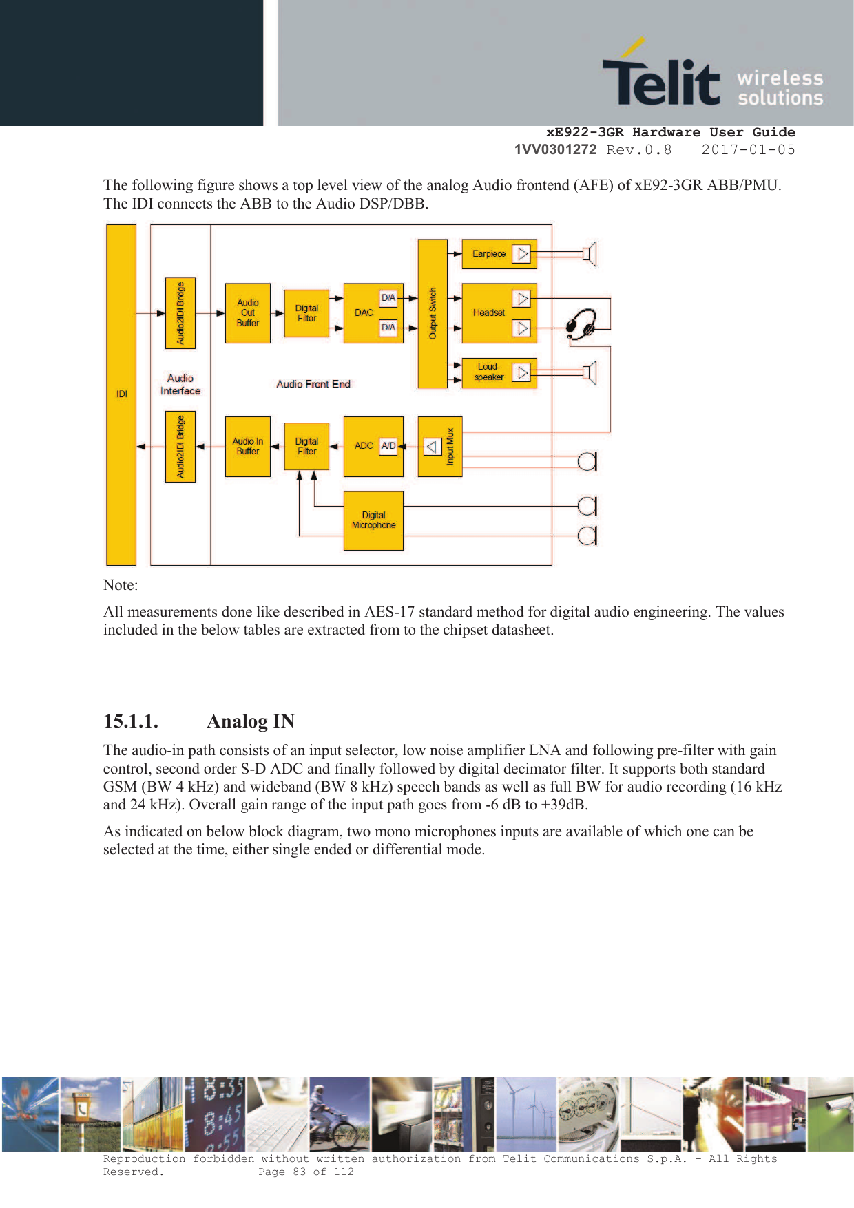     xE922-3GR Hardware User Guide 1VV0301272 Rev.0.8   2017-01-05 Reproduction forbidden without written authorization from Telit Communications S.p.A. - All Rights Reserved.    Page 83 of 112  The following figure shows a top level view of the analog Audio frontend (AFE) of xE92-3GR ABB/PMU. The IDI connects the ABB to the Audio DSP/DBB.  Note:  All measurements done like described in AES-17 standard method for digital audio engineering. The values included in the below tables are extracted from to the chipset datasheet.   15.1.1. Analog IN The audio-in path consists of an input selector, low noise amplifier LNA and following pre-filter with gain control, second order S-D ADC and finally followed by digital decimator filter. It supports both standard GSM (BW 4 kHz) and wideband (BW 8 kHz) speech bands as well as full BW for audio recording (16 kHz and 24 kHz). Overall gain range of the input path goes from -6 dB to +39dB.  As indicated on below block diagram, two mono microphones inputs are available of which one can be selected at the time, either single ended or differential mode.  