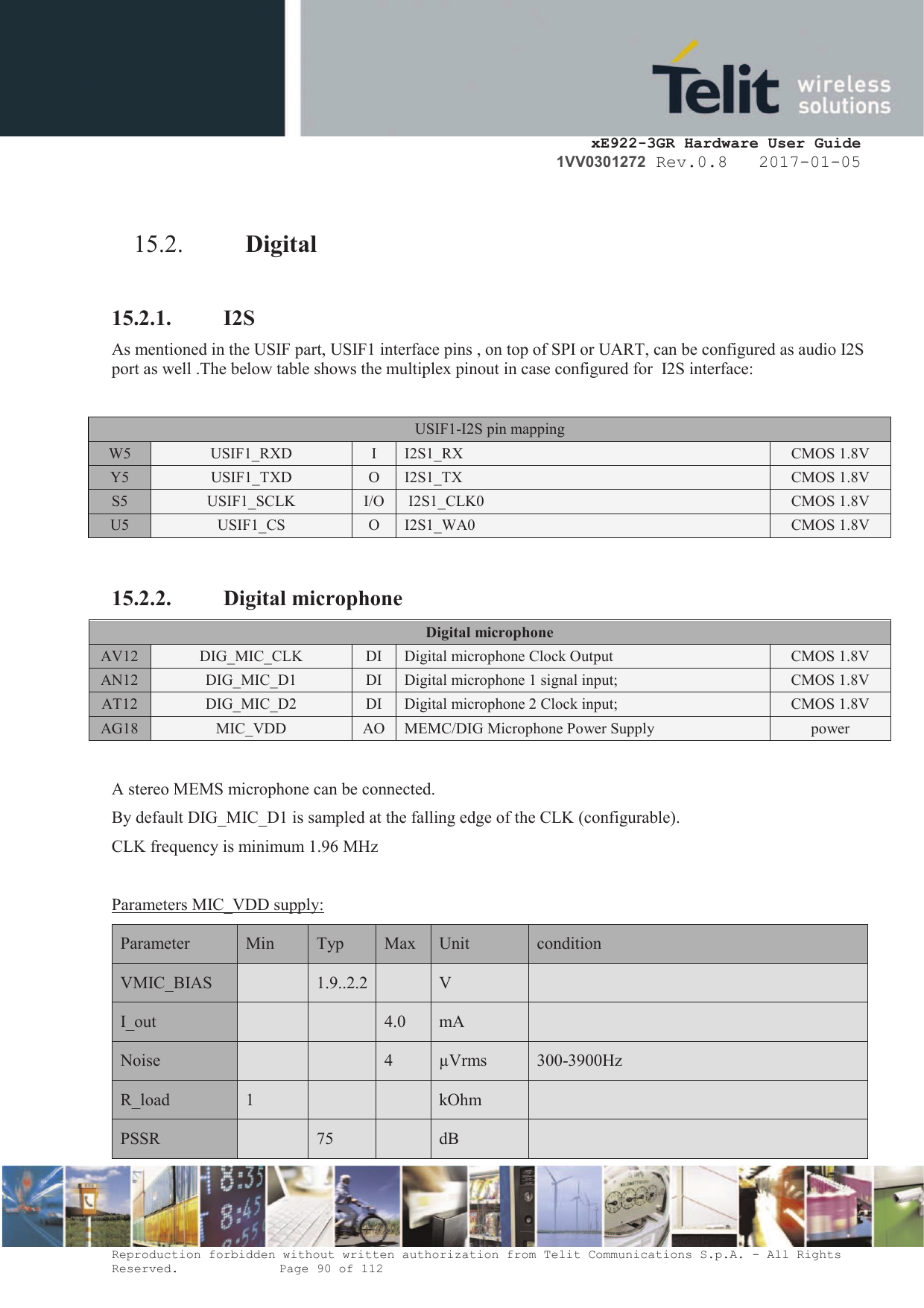     xE922-3GR Hardware User Guide 1VV0301272 Rev.0.8   2017-01-05 Reproduction forbidden without written authorization from Telit Communications S.p.A. - All Rights Reserved.    Page 90 of 112   15.2. Digital  15.2.1. I2S As mentioned in the USIF part, USIF1 interface pins , on top of SPI or UART, can be configured as audio I2S port as well .The below table shows the multiplex pinout in case configured for  I2S interface:  USIF1-I2S pin mapping W5 USIF1_RXD I I2S1_RX CMOS 1.8V Y5 USIF1_TXD O I2S1_TX CMOS 1.8V S5 USIF1_SCLK I/O  I2S1_CLK0 CMOS 1.8V U5 USIF1_CS O I2S1_WA0 CMOS 1.8V  15.2.2. Digital microphone Digital microphone AV12 DIG_MIC_CLK DI Digital microphone Clock Output CMOS 1.8V AN12 DIG_MIC_D1 DI Digital microphone 1 signal input; CMOS 1.8V AT12 DIG_MIC_D2 DI Digital microphone 2 Clock input; CMOS 1.8V AG18 MIC_VDD AO MEMC/DIG Microphone Power Supply power  A stereo MEMS microphone can be connected.  By default DIG_MIC_D1 is sampled at the falling edge of the CLK (configurable). CLK frequency is minimum 1.96 MHz  Parameters MIC_VDD supply: Parameter  Min Typ Max Unit condition VMIC_BIAS  1.9..2.2  V  I_out   4.0 mA  Noise   4 µVrms 300-3900Hz R_load 1   kOhm  PSSR  75  dB  