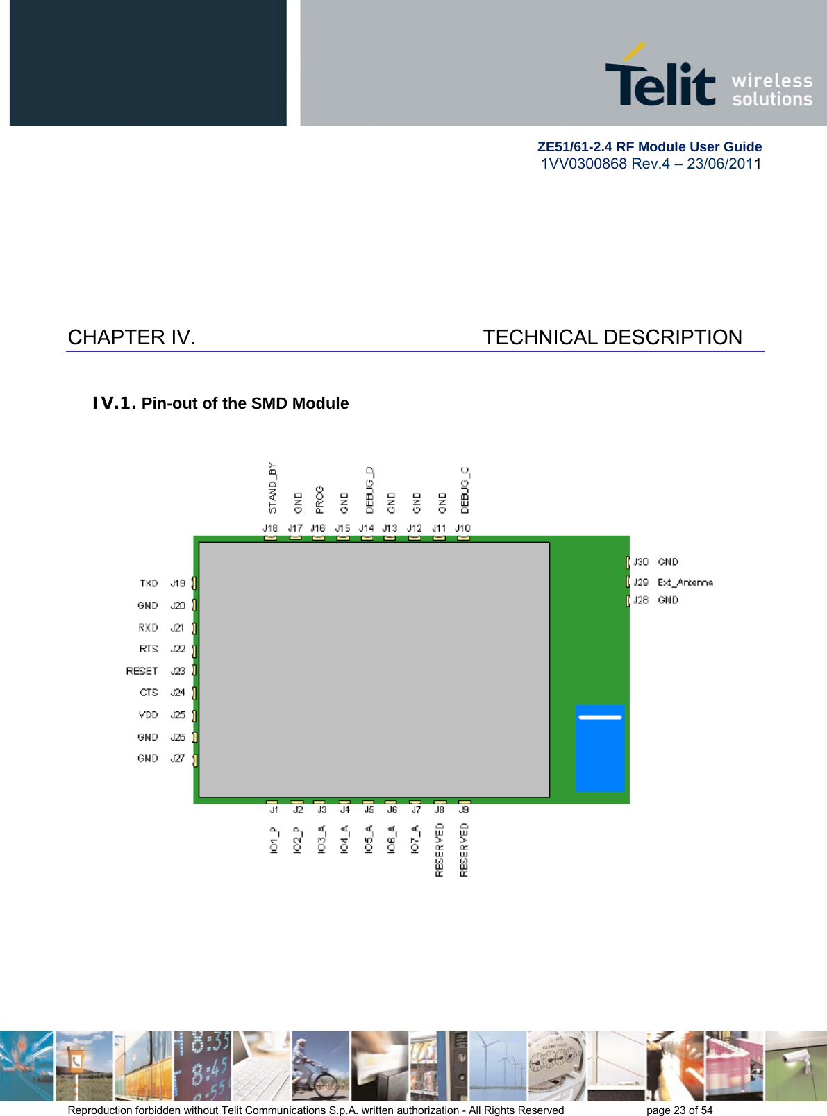        ZE51/61-2.4 RF Module User Guide 1VV0300868 Rev.4 – 23/06/2011 Reproduction forbidden without Telit Communications S.p.A. written authorization - All Rights Reserved    page 23 of 54  CHAPTER IV.   TECHNICAL DESCRIPTION IV.1. Pin-out of the SMD Module     