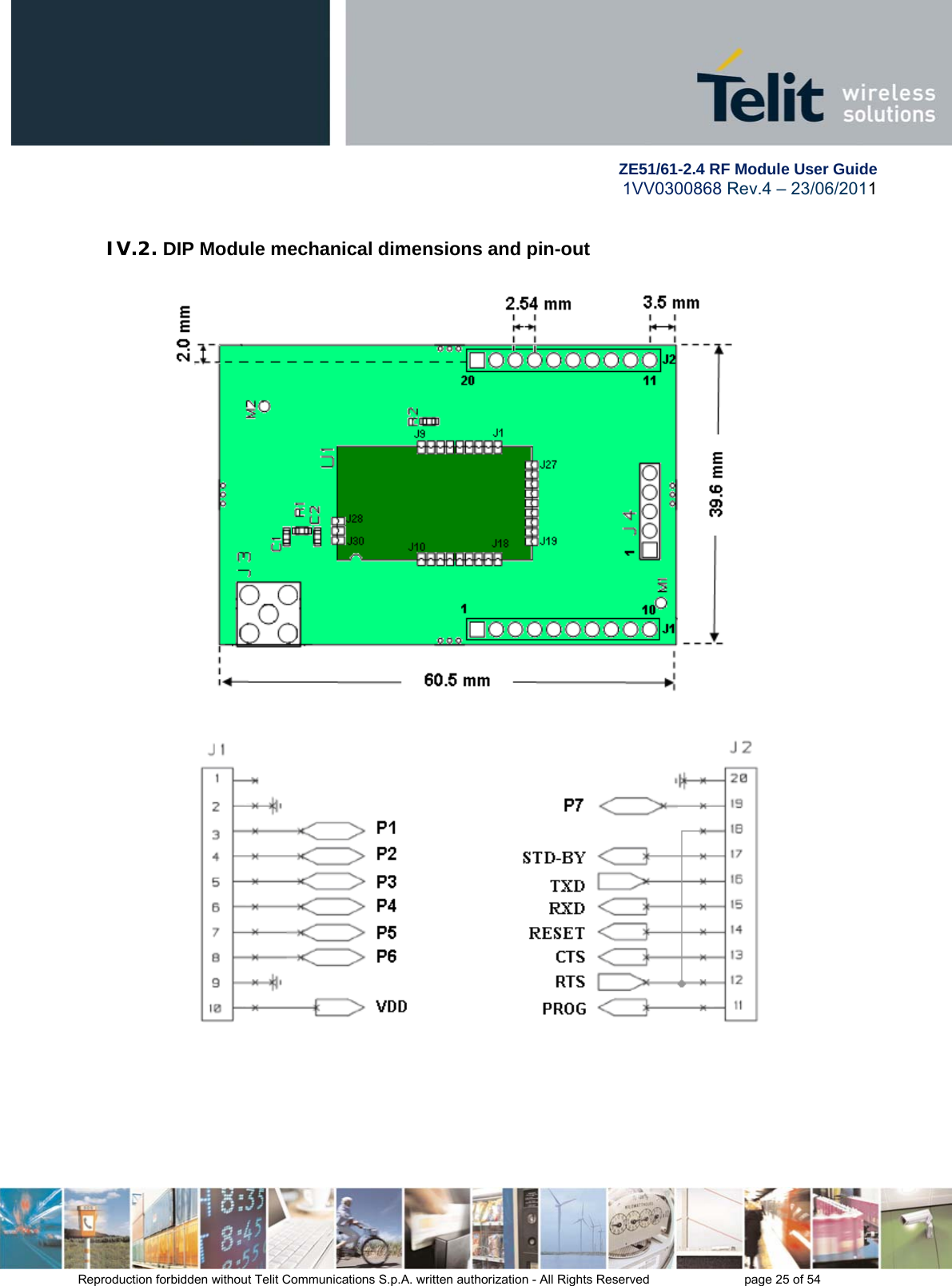        ZE51/61-2.4 RF Module User Guide 1VV0300868 Rev.4 – 23/06/2011 Reproduction forbidden without Telit Communications S.p.A. written authorization - All Rights Reserved    page 25 of 54  IV.2. DIP Module mechanical dimensions and pin-out      