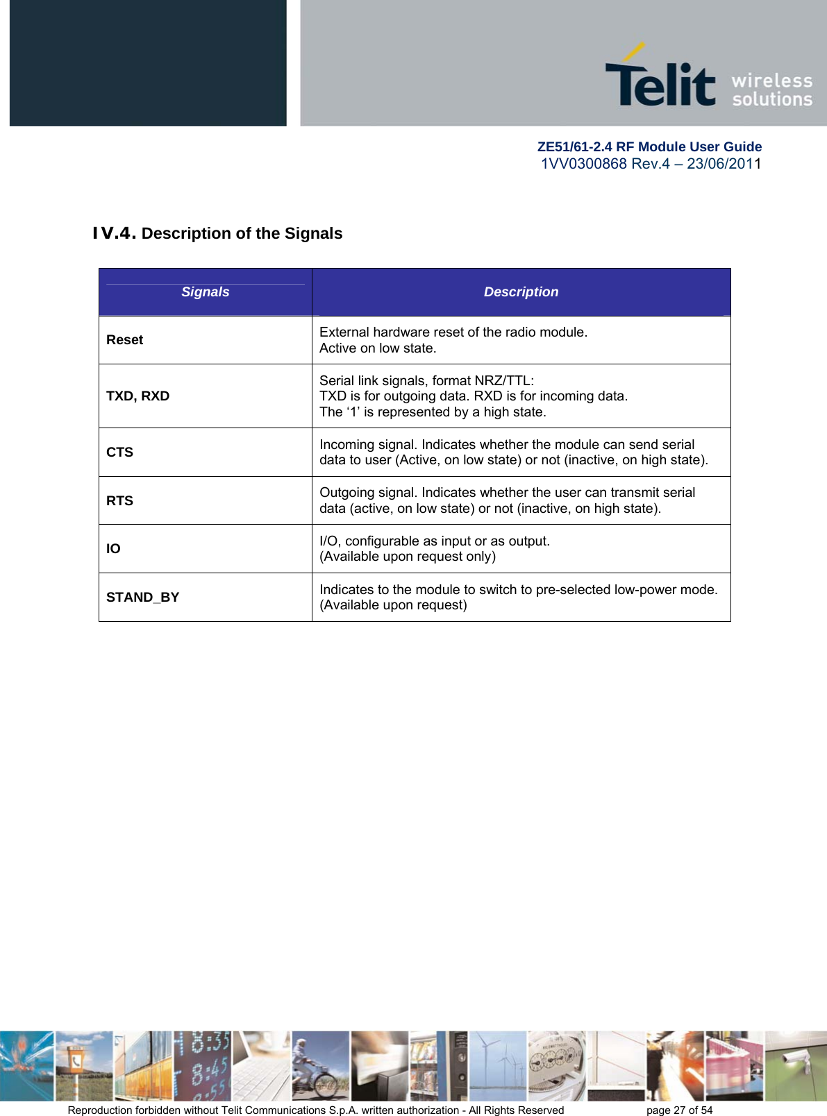        ZE51/61-2.4 RF Module User Guide 1VV0300868 Rev.4 – 23/06/2011 Reproduction forbidden without Telit Communications S.p.A. written authorization - All Rights Reserved    page 27 of 54   IV.4. Description of the Signals  Signals   Description  Reset  External hardware reset of the radio module. Active on low state. TXD, RXD  Serial link signals, format NRZ/TTL: TXD is for outgoing data. RXD is for incoming data. The ‘1’ is represented by a high state. CTS Incoming signal. Indicates whether the module can send serial data to user (Active, on low state) or not (inactive, on high state). RTS Outgoing signal. Indicates whether the user can transmit serial data (active, on low state) or not (inactive, on high state). IO  I/O, configurable as input or as output. (Available upon request only) STAND_BY Indicates to the module to switch to pre-selected low-power mode. (Available upon request)   