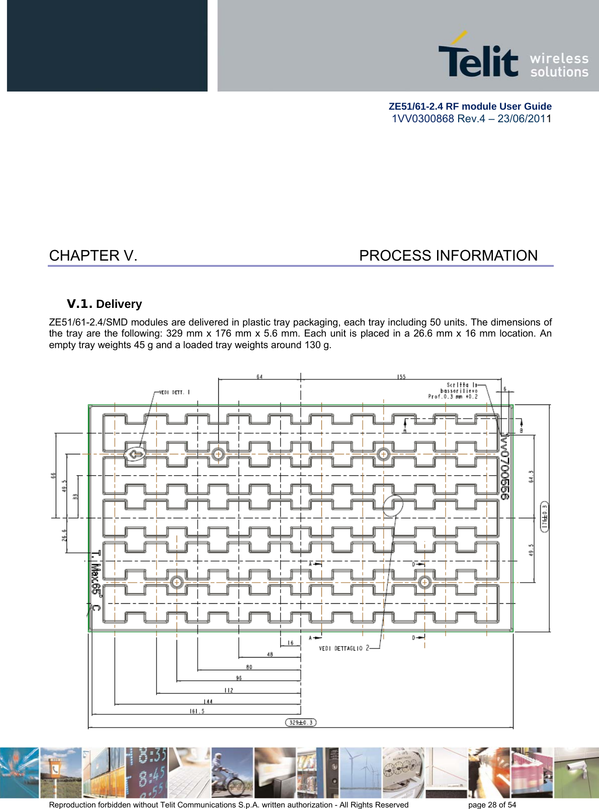         ZE51/61-2.4 RF module User Guide 1VV0300868 Rev.4 – 23/06/2011 Reproduction forbidden without Telit Communications S.p.A. written authorization - All Rights Reserved    page 28 of 54   CHAPTER V.    PROCESS INFORMATION V.1. Delivery ZE51/61-2.4/SMD modules are delivered in plastic tray packaging, each tray including 50 units. The dimensions of the tray are the following: 329 mm x 176 mm x 5.6 mm. Each unit is placed in a 26.6 mm x 16 mm location. An empty tray weights 45 g and a loaded tray weights around 130 g.     