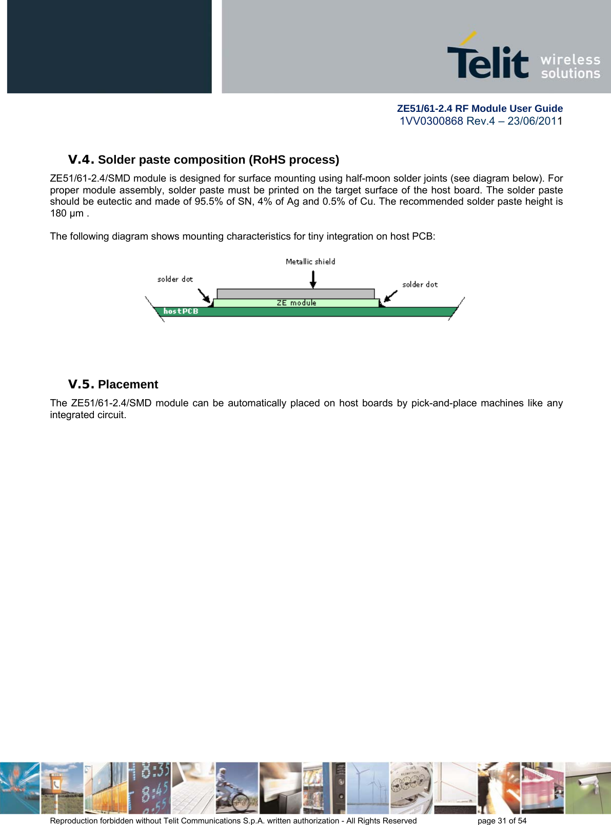        ZE51/61-2.4 RF Module User Guide 1VV0300868 Rev.4 – 23/06/2011 Reproduction forbidden without Telit Communications S.p.A. written authorization - All Rights Reserved    page 31 of 54  V.4. Solder paste composition (RoHS process) ZE51/61-2.4/SMD module is designed for surface mounting using half-moon solder joints (see diagram below). For proper module assembly, solder paste must be printed on the target surface of the host board. The solder paste should be eutectic and made of 95.5% of SN, 4% of Ag and 0.5% of Cu. The recommended solder paste height is 180 μm .  The following diagram shows mounting characteristics for tiny integration on host PCB:      V.5. Placement The ZE51/61-2.4/SMD module can be automatically placed on host boards by pick-and-place machines like any integrated circuit.  