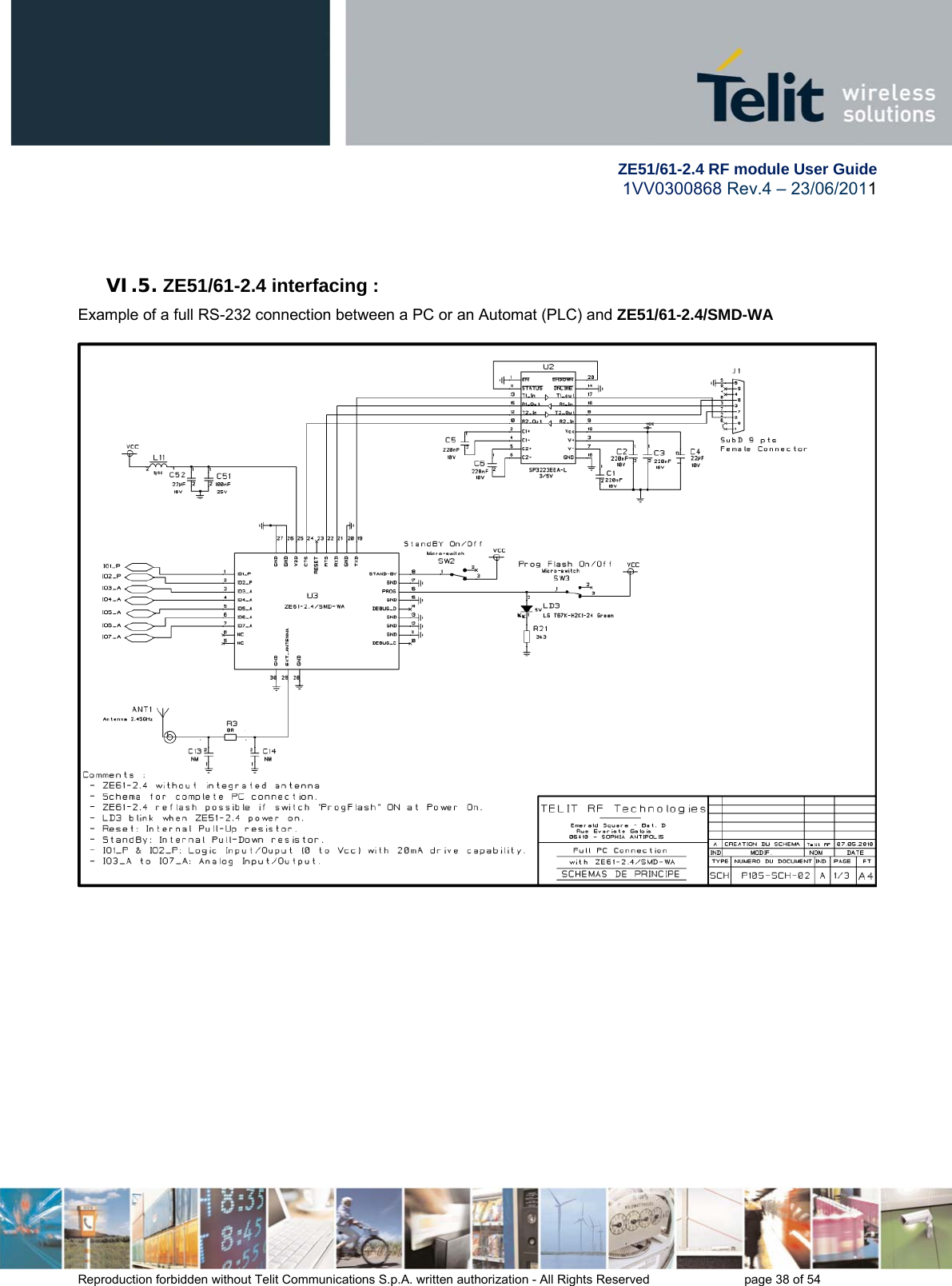         ZE51/61-2.4 RF module User Guide 1VV0300868 Rev.4 – 23/06/2011 Reproduction forbidden without Telit Communications S.p.A. written authorization - All Rights Reserved    page 38 of 54  VI.5. ZE51/61-2.4 interfacing : Example of a full RS-232 connection between a PC or an Automat (PLC) and ZE51/61-2.4/SMD-WA   