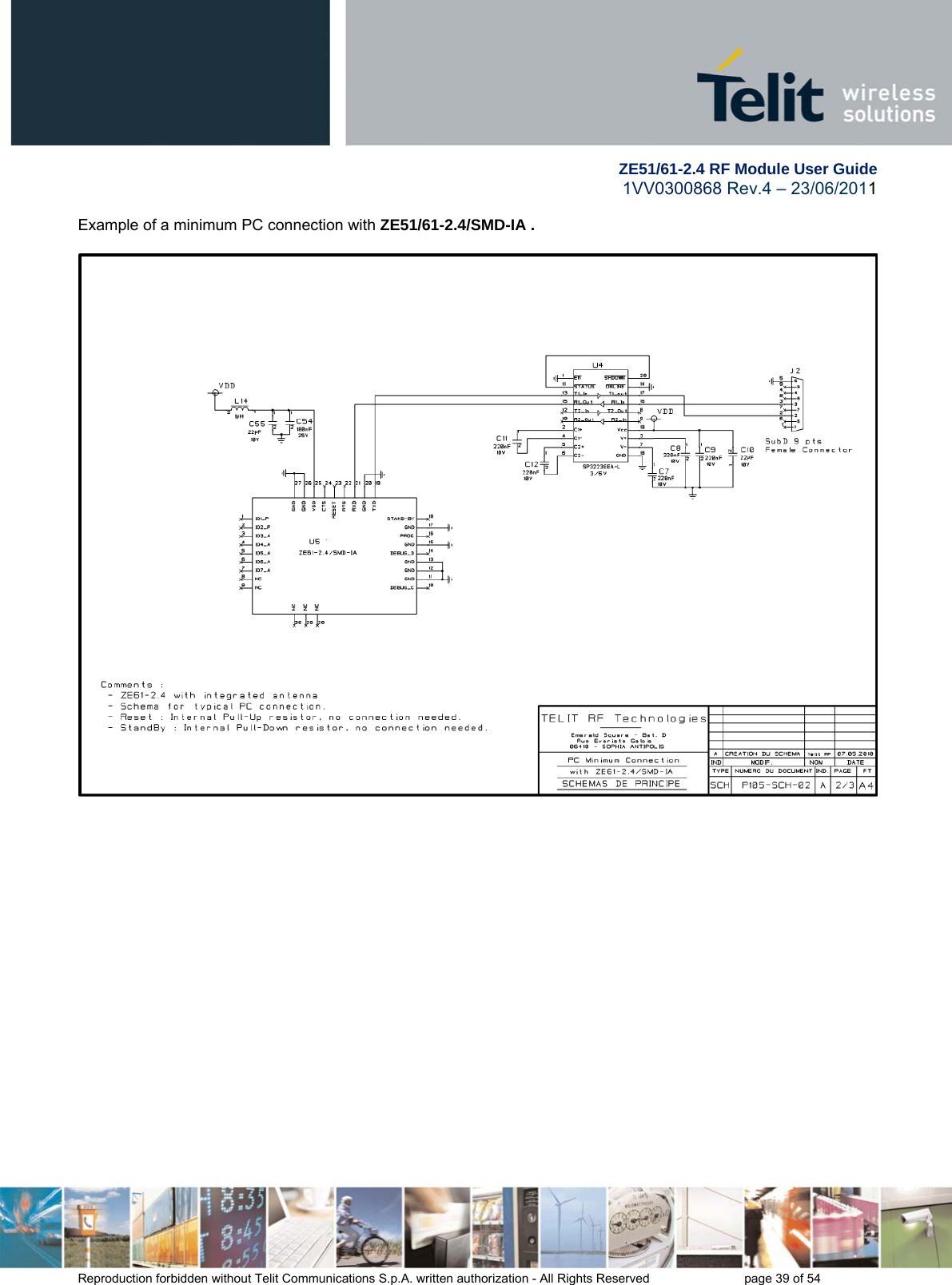        ZE51/61-2.4 RF Module User Guide 1VV0300868 Rev.4 – 23/06/2011 Reproduction forbidden without Telit Communications S.p.A. written authorization - All Rights Reserved    page 39 of 54  Example of a minimum PC connection with ZE51/61-2.4/SMD-IA .    