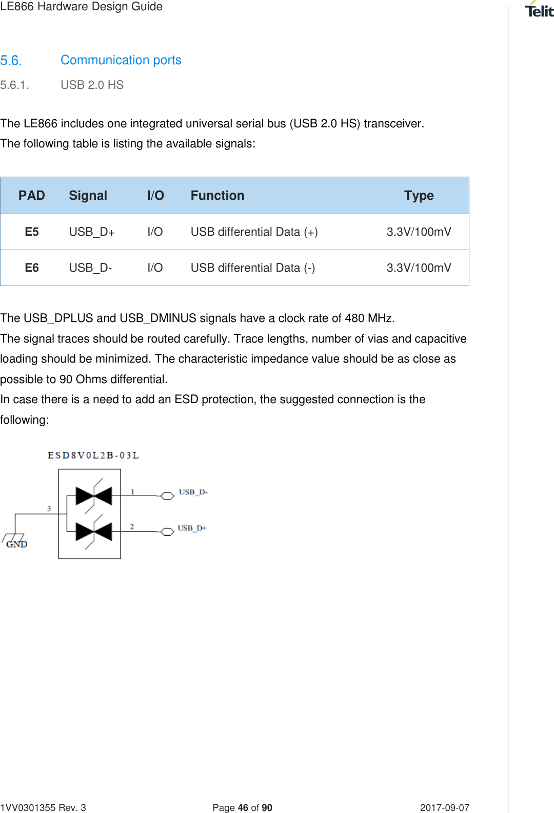 LE866 Hardware Design Guide   1VV0301355 Rev. 3   Page 46 of 90 2017-09-07    Communication ports 5.6.1.  USB 2.0 HS  The LE866 includes one integrated universal serial bus (USB 2.0 HS) transceiver. The following table is listing the available signals: PAD Signal I/O Function Type E5 USB_D+ I/O USB differential Data (+) 3.3V/100mV E6 USB_D- I/O USB differential Data (-) 3.3V/100mV  The USB_DPLUS and USB_DMINUS signals have a clock rate of 480 MHz.  The signal traces should be routed carefully. Trace lengths, number of vias and capacitive loading should be minimized. The characteristic impedance value should be as close as possible to 90 Ohms differential.  In case there is a need to add an ESD protection, the suggested connection is the following:                   