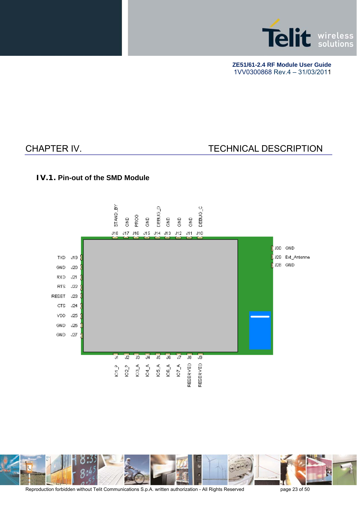       ZE51/61-2.4 RF Module User Guide 1VV0300868 Rev.4 – 31/03/2011 Reproduction forbidden without Telit Communications S.p.A. written authorization - All Rights Reserved    page 23 of 50  CHAPTER IV.   TECHNICAL DESCRIPTION IV.1. Pin-out of the SMD Module     