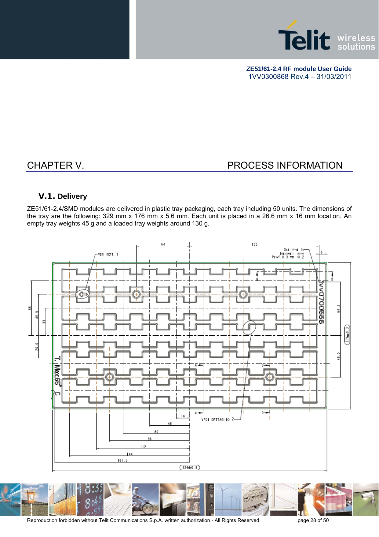         ZE51/61-2.4 RF module User Guide 1VV0300868 Rev.4 – 31/03/2011 Reproduction forbidden without Telit Communications S.p.A. written authorization - All Rights Reserved    page 28 of 50   CHAPTER V.    PROCESS INFORMATION V.1. Delivery ZE51/61-2.4/SMD modules are delivered in plastic tray packaging, each tray including 50 units. The dimensions of the tray are the following: 329 mm x 176 mm x 5.6 mm. Each unit is placed in a 26.6 mm x 16 mm location. An empty tray weights 45 g and a loaded tray weights around 130 g.     