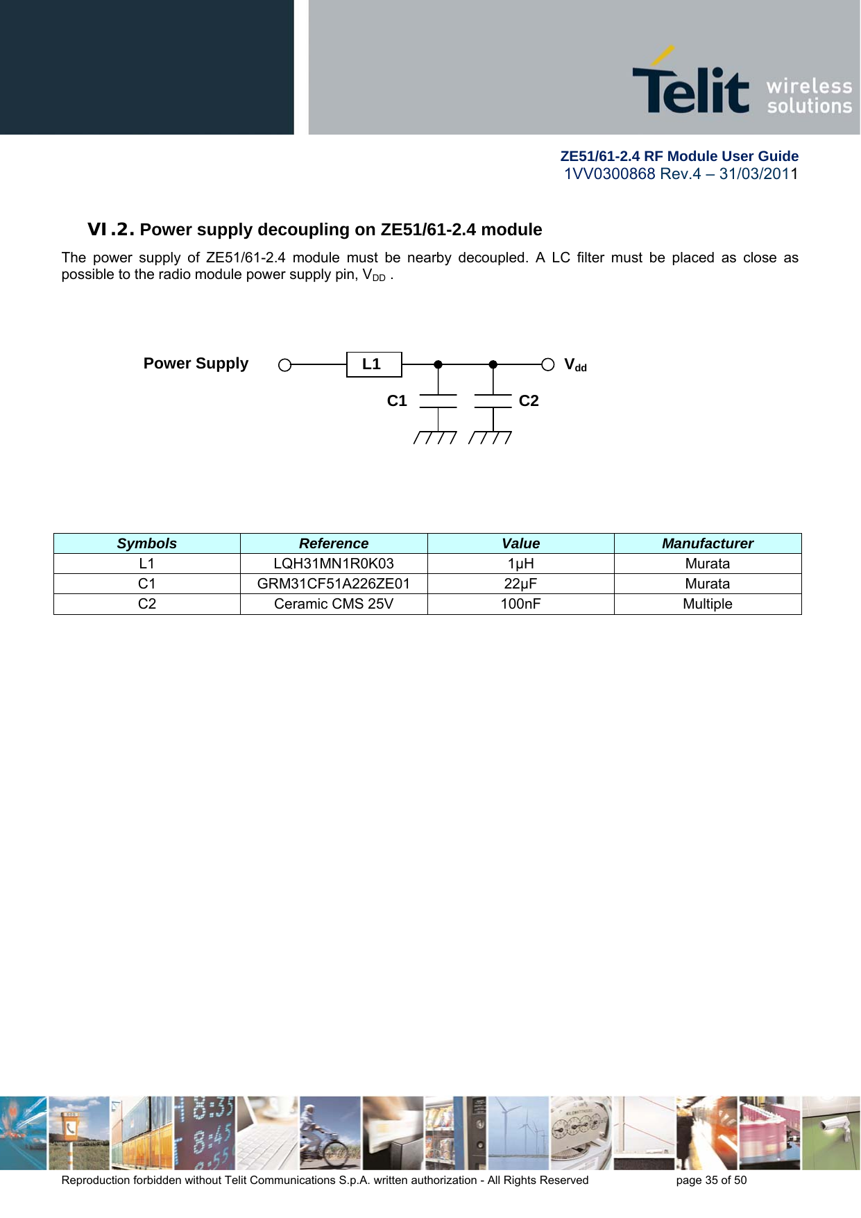        ZE51/61-2.4 RF Module User Guide 1VV0300868 Rev.4 – 31/03/2011 Reproduction forbidden without Telit Communications S.p.A. written authorization - All Rights Reserved    page 35 of 50  VI.2. Power supply decoupling on ZE51/61-2.4 module The power supply of ZE51/61-2.4 module must be nearby decoupled. A LC filter must be placed as close as possible to the radio module power supply pin, VDD .               Symbols  Reference  Value  Manufacturer L1 LQH31MN1R0K03 1µH  Murata C1 GRM31CF51A226ZE01 22µF  Murata C2  Ceramic CMS 25V  100nF  Multiple  Vdd C1 C2 Power Supply  L1 