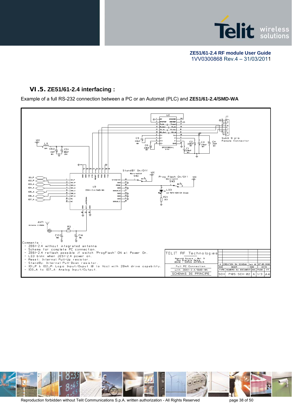         ZE51/61-2.4 RF module User Guide 1VV0300868 Rev.4 – 31/03/2011 Reproduction forbidden without Telit Communications S.p.A. written authorization - All Rights Reserved    page 38 of 50  VI.5. ZE51/61-2.4 interfacing : Example of a full RS-232 connection between a PC or an Automat (PLC) and ZE51/61-2.4/SMD-WA   