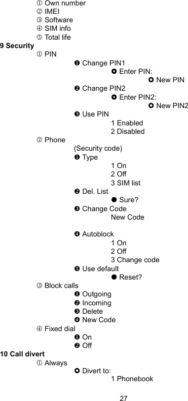 271 Own number2 IMEI3 Software4 SIM info5 Total life9 Security 1 PIN Change PIN1 Enter PIN: New PIN Change PIN2 Enter PIN2: New PIN2 Use PIN1 Enabled2 Disabled2 Phone(Security code) Type1 On2 Off3 SIM list Del. List Sure? Change CodeNew Code Autoblock1 On2 Off3 Change code Use default Reset?3 Block calls Outgoing Incoming Delete New Code4 Fixed dial On Off10 Call divert1 Always Divert to:1 Phonebook