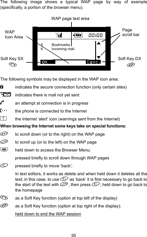 55The following image shows a typical WAP page by way of example(specifically, a portion of the browser menu).The following symbols may be displayed in the WAP icon area: indicates the secure connection function (only certain sites) indicates there is mail not yet sent  an attempt at connection is in progress the phone is connected to the Internet the Internet ‘alert’ icon (warnings sent from the Internet)When browsing the Internet some keys take on special functions:to scroll down (or to the right) on the WAP pageto scroll up (or to the left) on the WAP pageheld down to access the Browser Menu;pressed briefly to scroll down through WAP pages pressed briefly to move ‘back‘;In text editors, it works as delete and when held down it deletes all thetext; in this case, to use  as ‘back’ it is first necessary to go back tothe start of the text with , then press ; held down to go back tothe homepageas a Soft Key function (option at top left of the display)as a Soft Key function (option at top right of the display);held down to end the WAP sessionSoft Key DXSoft Key SXWAPIcon AreaWAP page text areaPagescroll bar5 Bookmarks6 Incoming mail