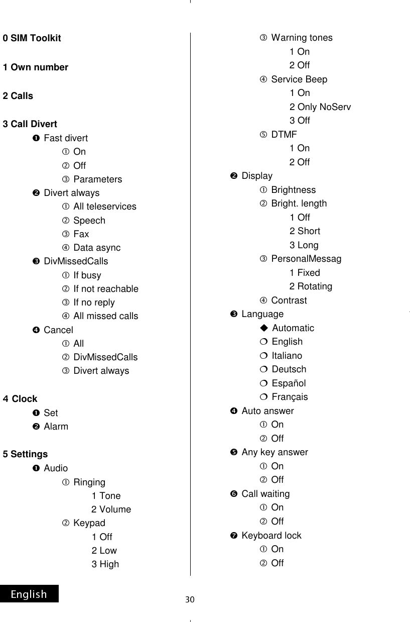 0 SIM Toolkit  1 Own number  2 Calls  3 Call Divert Fast divert On Off Parameters Divert always All teleservicesSpeech Fax Data async DivMissedCalls If busy If not reachable If no reply All missed calls Cancel All DivMissedCalls Divert always  Clock Set Alarm  5 Settings Audio Ringing                                    1 Tone                                    2 Volume Keypad                                    1 Off                                    2 Low                                    3 High Warning tones                                    1 On                                    2 Off Service Beep                                    1 On                                    2 Only NoServ                                    3 Off DTMF                                    1 On                                    2 Off Display Brightness Bright. length                                    1 Off                                    2 Short                                    3 Long                         PersonalMessag                                    1 Fixed                                    2 Rotating Contrast Language Automatic English Italiano Deutsch Español Français Auto answer On Off Any key answer On Off Call waiting On Off Keyboard lock On Off 