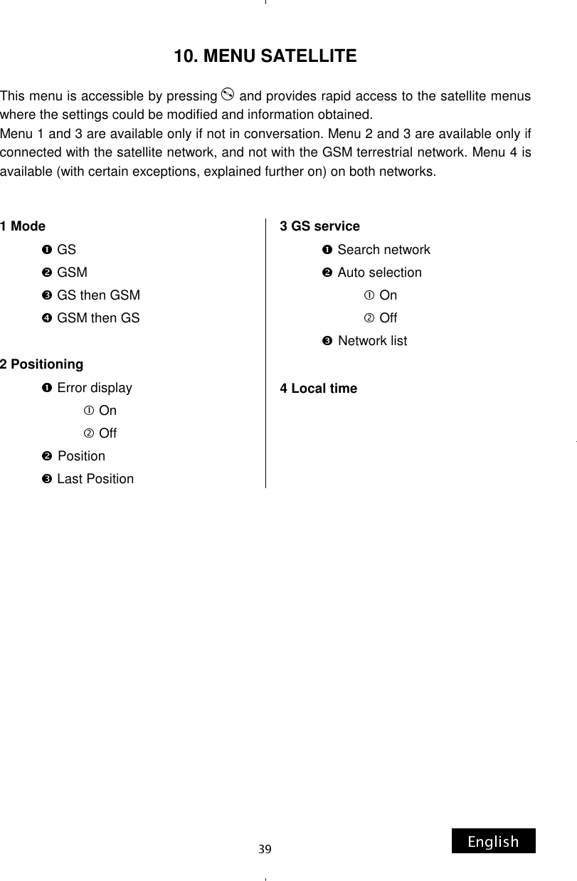 10. MENU SATELLITE This menu is accessible by pressing  and provides rapid access to the satellite menus where the settings could be modified and information obtained. Menu 1 and 3 are available only if not in conversation. Menu 2 and 3 are available only if connected with the satellite network, and not with the GSM terrestrial network. Menu 4 is available (with certain exceptions, explained further on) on both networks. 1 Mode            GS              GSM  GS then GSM  GSM then GS  2 Positioning              Error display                           On                           Off             Position  Last Position 3 GS service               Search network               Auto selection                           On                          Off              Network list  4 Local time  