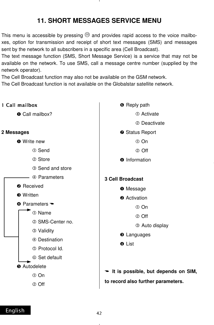 11. SHORT MESSAGES SERVICE MENU  This menu is accessible by pressing  and provides rapid access to the voice mailbo-xes, option for transmission and receipt of short text messages (SMS) and messages sent by the network to all subscribers in a specific area (Cell Broadcast). The text message function (SMS, Short Message Service) is a service that may not be available on the network. To use SMS, call a message centre number (supplied by the network operator). The Cell Broadcast function may also not be available on the GSM network.  The Cell Broadcast function is not available on the Globalstar satellite network.   Call mailbox?              2 Messages              Write new                           Send                           Store                           Send and store              Parameters             Received  Written Parameters  Name                           SMS-Center no.               Validity                           Destination                          Protocol Id.                          Set default  Autodelete                           On                           Off              Reply path                           Activate                           Deactivate               Status Report                           On                          Off              Information  3 Cell Broadcast  Message               Activation                           On                           Off                          Auto display              Languages              List     It is possible, but depends on SIM, to record also further parameters. 