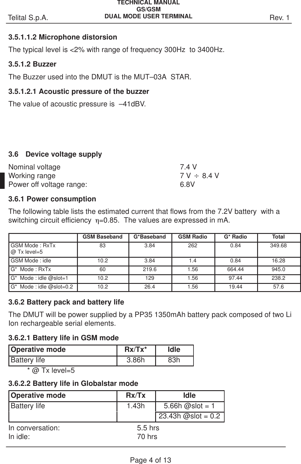 Rev. 1Telital S.p.A.TECHNICAL MANUALGS/GSMDUAL MODE USER TERMINALPage 4 of 133.5.1.1.2 Microphone distorsionThe typical level is &lt;2% with range of frequency 300Hz  to 3400Hz.3.5.1.2 BuzzerThe Buzzer used into the DMUT is the MUT–03A  STAR.3.5.1.2.1 Acoustic pressure of the buzzerThe value of acoustic pressure is  –41dBV.3.6Device voltage supplyNominal voltage  7.4 VWorking range 7 V B 8.4 VPower off voltage range: 6.8V3.6.1 Power consumptionThe following table lists the estimated current that flows from the 7.2V battery  with a switching circuit efficiency h=0.85.  The values are expressed in mA.GSM Baseband G*Baseband GSM Radio G* Radio TotalGSM Mode : RxTx@ Tx level=5 83 3.84 262 0.84 349.68GSM Mode : idle 10.2 3.84 1.4 0.84 16.28G*  Mode : RxTx 60 219.6 1.56 664.44 945.0G*  Mode : idle @slot=1 10.2 129 1.56 97.44 238.2G*  Mode : idle @slot=0.2 10.2 26.4 1.56 19.44 57.63.6.2 Battery pack and battery lifeThe DMUT will be power supplied by a PP35 1350mAh battery pack composed of two LiIon rechargeable serial elements.3.6.2.1 Battery life in GSM modeOperative mode Rx/Tx* IdleBattery life 3.86h 83h* @ Tx level=53.6.2.2 Battery life in Globalstar modeOperative mode Rx/Tx IdleBattery life 1.43h 5.66h @slot = 123.43h @slot = 0.2In conversation: 5.5 hrsIn idle: 70 hrs