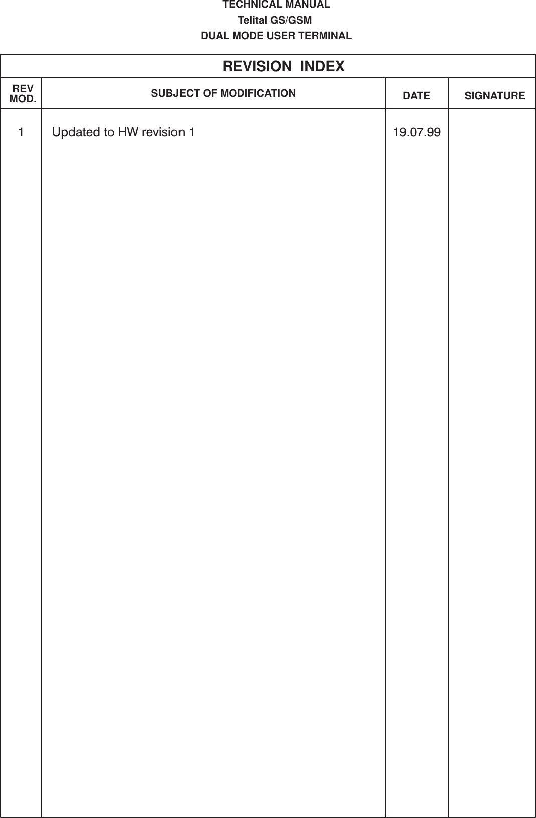 REV SUBJECT OF MODIFICATION DATE SIGNATUREREVISION  INDEXTECHNICAL MANUALTelital GS/GSM DUAL MODE USER TERMINALMOD.1 Updated to HW revision 1 19.07.99