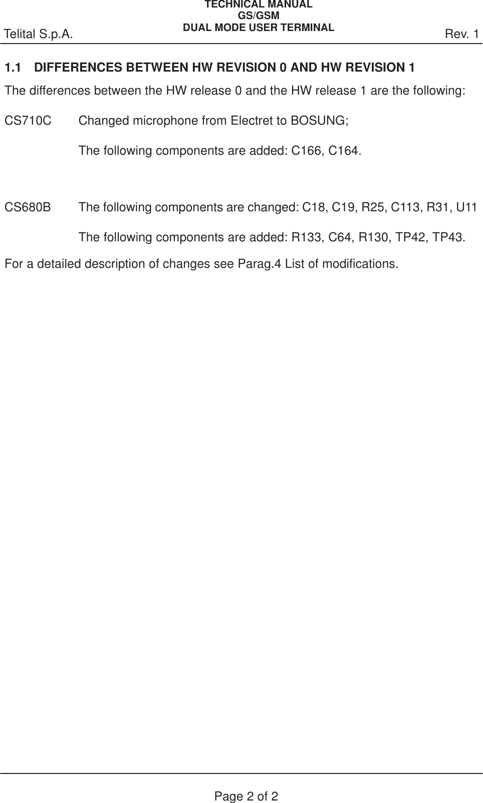 Rev. 1Telital S.p.A.TECHNICAL MANUALGS/GSMDUAL MODE USER TERMINALPage 2 of 21.1 DIFFERENCES BETWEEN HW REVISION 0 AND HW REVISION 1The differences between the HW release 0 and the HW release 1 are the following:CS710C Changed microphone from Electret to BOSUNG;The following components are added: C166, C164.CS680B The following components are changed: C18, C19, R25, C113, R31, U11The following components are added: R133, C64, R130, TP42, TP43.For a detailed description of changes see Parag.4 List of modifications.