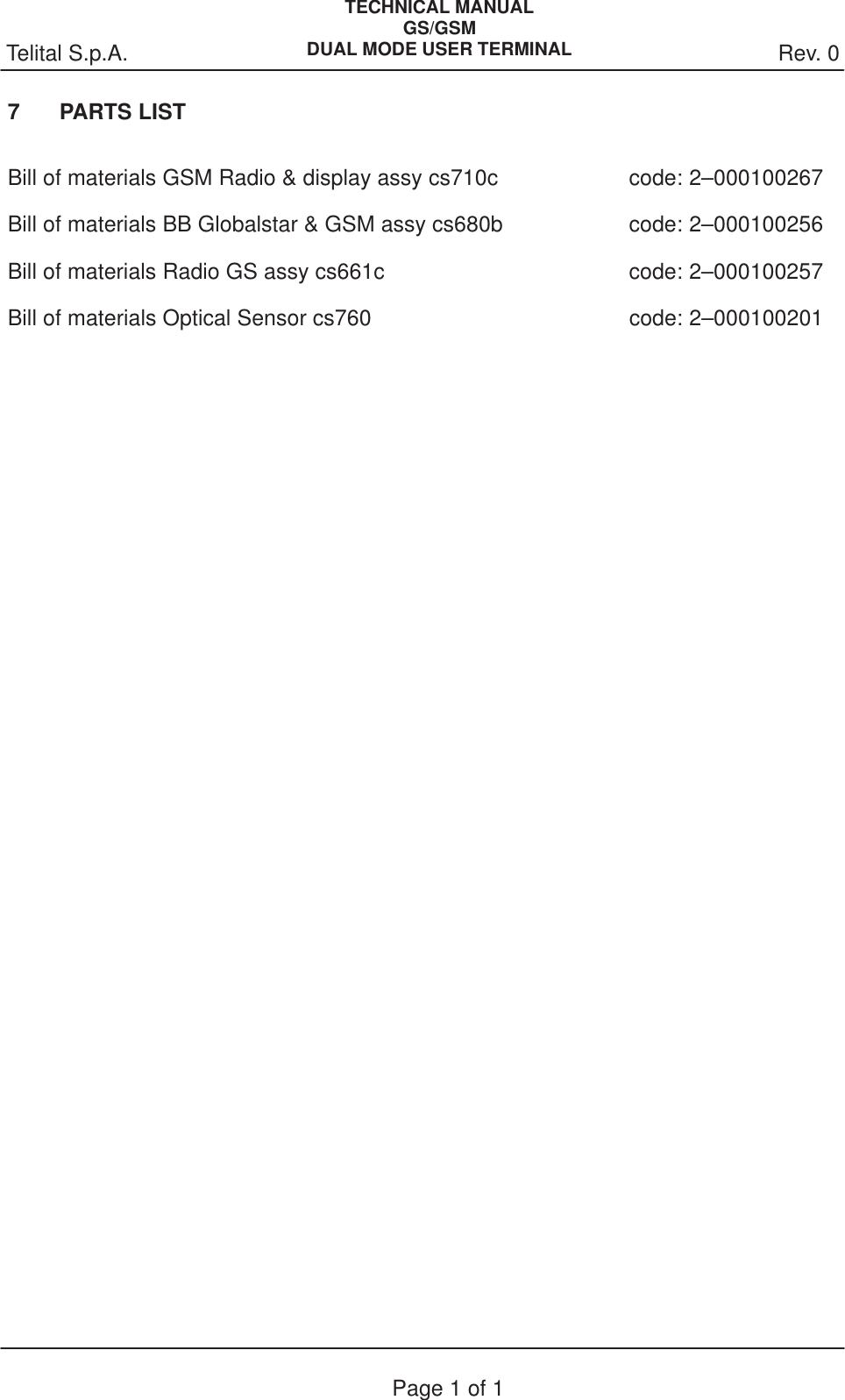 Rev. 0Telital S.p.A.TECHNICAL MANUALGS/GSMDUAL MODE USER TERMINALPage 1 of 17 PARTS LISTBill of materials GSM Radio &amp; display assy cs710c code: 2–000100267Bill of materials BB Globalstar &amp; GSM assy cs680b code: 2–000100256Bill of materials Radio GS assy cs661c code: 2–000100257Bill of materials Optical Sensor cs760 code: 2–000100201