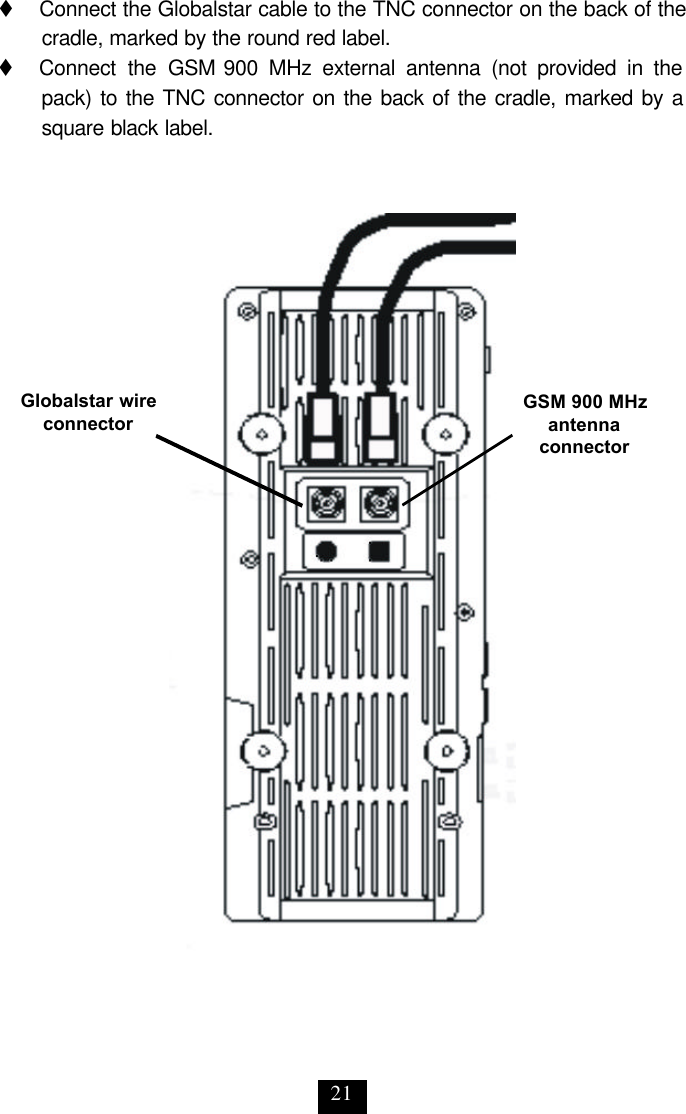 21 t   Connect the Globalstar cable to the TNC connector on the back of the cradle, marked by the round red label.  t   Connect the GSM 900 MHz external antenna (not provided in the pack) to the TNC connector on the back of the cradle, marked by a square black label. Globalstar wire connector GSM 900 MHz antenna connector 