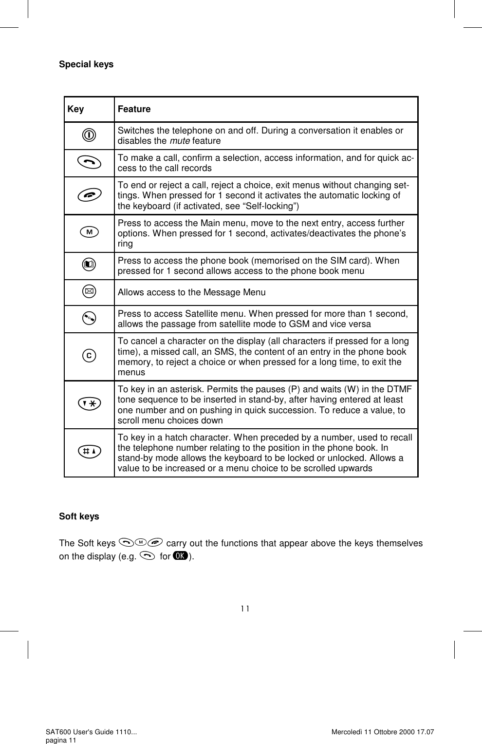 Special keys    Soft keys  The Soft keys   carry out the functions that appear above the keys themselves on the display (e.g.  for  ). Key  Feature &amp; Switches the telephone on and off. During a conversation it enables or disables the mute feature ,To make a call, confirm a selection, access information, and for quick ac-cess to the call records -To end or reject a call, reject a choice, exit menus without changing set-tings. When pressed for 1 second it activates the automatic locking of the keyboard (if activated, see “Self-locking”) &apos;Press to access the Main menu, move to the next entry, access further options. When pressed for 1 second, activates/deactivates the phone’s ring ) Press to access the phone book (memorised on the SIM card). When pressed for 1 second allows access to the phone book menu * Allows access to the Message Menu ( Press to access Satellite menu. When pressed for more than 1 second, allows the passage from satellite mode to GSM and vice versa + To cancel a character on the display (all characters if pressed for a long time), a missed call, an SMS, the content of an entry in the phone book memory, to reject a choice or when pressed for a long time, to exit the menus . To key in an asterisk. Permits the pauses (P) and waits (W) in the DTMF tone sequence to be inserted in stand-by, after having entered at least one number and on pushing in quick succession. To reduce a value, to scroll menu choices down / To key in a hatch character. When preceded by a number, used to recall the telephone number relating to the position in the phone book. In stand-by mode allows the keyboard to be locked or unlocked. Allows a value to be increased or a menu choice to be scrolled upwards SAT600 User&apos;s Guide 1110... pagina 11 Mercoledì 11 Ottobre 2000 17.07 