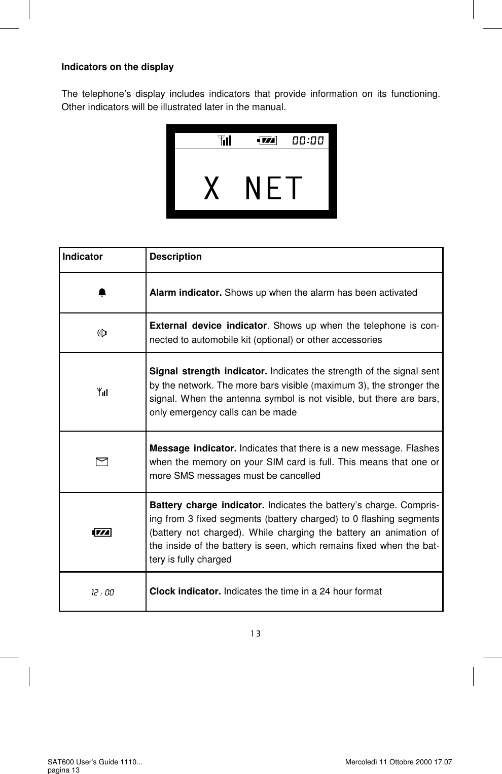 Indicator  Description  Alarm indicator. Shows up when the alarm has been activated  External device indicator. Shows up when the telephone is con-nected to automobile kit (optional) or other accessories  Signal strength indicator. Indicates the strength of the signal sent by the network. The more bars visible (maximum 3), the stronger the signal. When the antenna symbol is not visible, but there are bars, only emergency calls can be made   Message indicator. Indicates that there is a new message. Flashes when the memory on your SIM card is full. This means that one or more SMS messages must be cancelled   Battery charge indicator. Indicates the battery’s charge. Compris-ing from 3 fixed segments (battery charged) to 0 flashing segments (battery not charged). While charging the battery an animation of  the inside of the battery is seen, which remains fixed when the bat-tery is fully charged  Clock indicator. Indicates the time in a 24 hour format Indicators on the display  The telephone’s display includes indicators that provide information on its functioning. Other indicators will be illustrated later in the manual.  SAT600 User&apos;s Guide 1110... pagina 13 Mercoledì 11 Ottobre 2000 17.07 