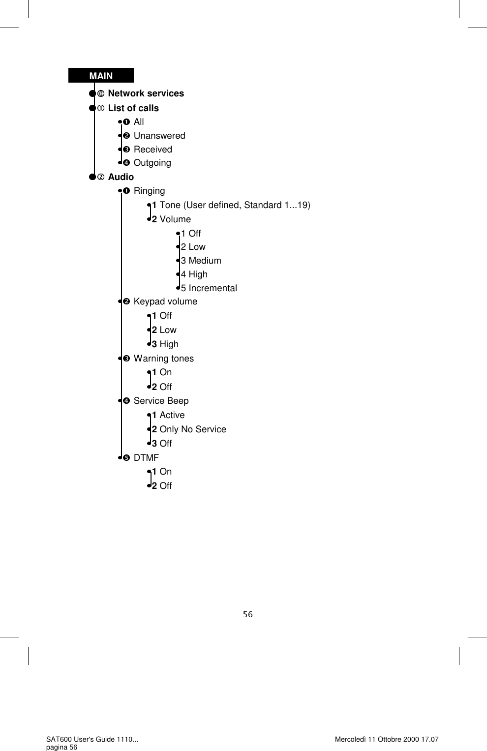   Network services  List of calls               All               Unanswered               Received               Outgoing  Audio               Ringing                          1 Tone (User defined, Standard 1...19)                          2 Volume                                     1 Off                                     2 Low                                     3 Medium                                     4 High                                     5 Incremental               Keypad volume                          1 Off                          2 Low                          3 High               Warning tones                          1 On                          2 Off               Service Beep                          1 Active                          2 Only No Service                          3 Off               DTMF                          1 On                          2 OffMAIN SAT600 User&apos;s Guide 1110... pagina 56 Mercoledì 11 Ottobre 2000 17.07 