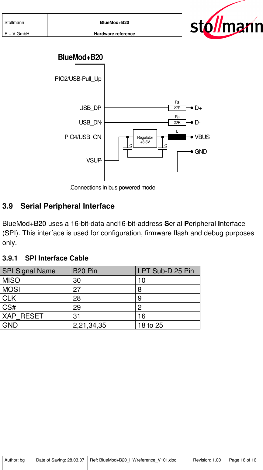 Stollmann  E + V GmbH BlueMod+B20 Hardware reference  Author: bg  Date of Saving: 28.03.07  Ref: BlueMod+B20_HWreference_V101.doc  Revision: 1.00  Page 16 of 16   PIO2/USB-Pull_UpLRs27RRs27RD+D-VBUSGNDUSB_DPUSB_DNPIO4/USB_ONBlueMod+B20VSUPRegulator+3.3VC CConnections in bus powered mode 3.9  Serial Peripheral Interface BlueMod+B20 uses a 16-bit-data and16-bit-address Serial Peripheral Interface (SPI). This interface is used for configuration, firmware flash and debug purposes only. 3.9.1  SPI Interface Cable SPI Signal Name  B20 Pin  LPT Sub-D 25 Pin MISO  30  10 MOSI  27  8 CLK  28  9 CS#  29  2 XAP_RESET  31  16 GND  2,21,34,35  18 to 25  