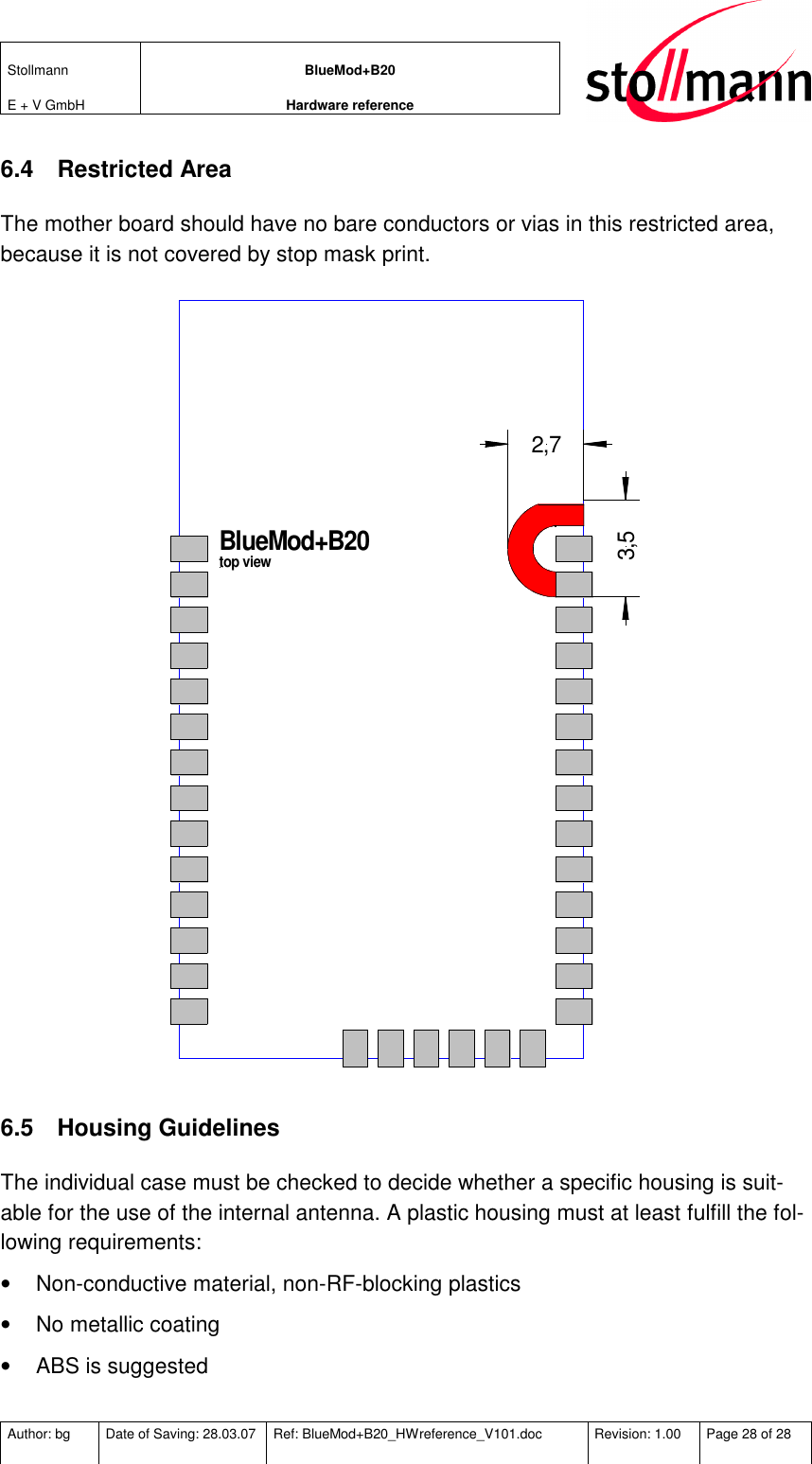 Stollmann  E + V GmbH BlueMod+B20 Hardware reference  Author: bg  Date of Saving: 28.03.07  Ref: BlueMod+B20_HWreference_V101.doc  Revision: 1.00  Page 28 of 28   6.4  Restricted Area The mother board should have no bare conductors or vias in this restricted area, because it is not covered by stop mask print. BlueMod+B20top view2,73,5 6.5  Housing Guidelines The individual case must be checked to decide whether a specific housing is suit-able for the use of the internal antenna. A plastic housing must at least fulfill the fol-lowing requirements: •  Non-conductive material, non-RF-blocking plastics •  No metallic coating •  ABS is suggested  