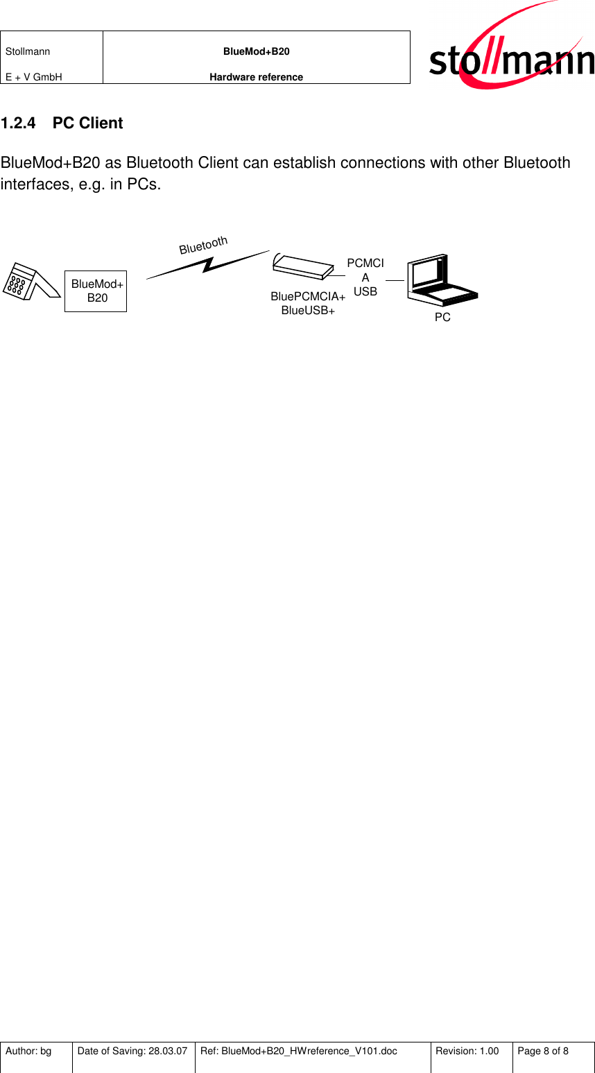 Stollmann  E + V GmbH BlueMod+B20 Hardware reference  Author: bg  Date of Saving: 28.03.07  Ref: BlueMod+B20_HWreference_V101.doc  Revision: 1.00  Page 8 of 8   1.2.4  PC Client BlueMod+B20 as Bluetooth Client can establish connections with other Bluetooth interfaces, e.g. in PCs.    BluetoothPCPCMCIAUSBBluePCMCIA+BlueUSB+BlueMod+B20