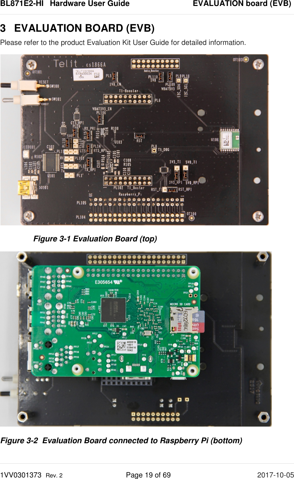 BL871E2-HI   Hardware User Guide       EVALUATION board (EVB) 1VV0301373  Rev. 2 Page 19 of 69 2017-10-05  3  EVALUATION BOARD (EVB) Please refer to the product Evaluation Kit User Guide for detailed information.  Figure 3-1 Evaluation Board (top)  Figure 3-2  Evaluation Board connected to Raspberry Pi (bottom) 