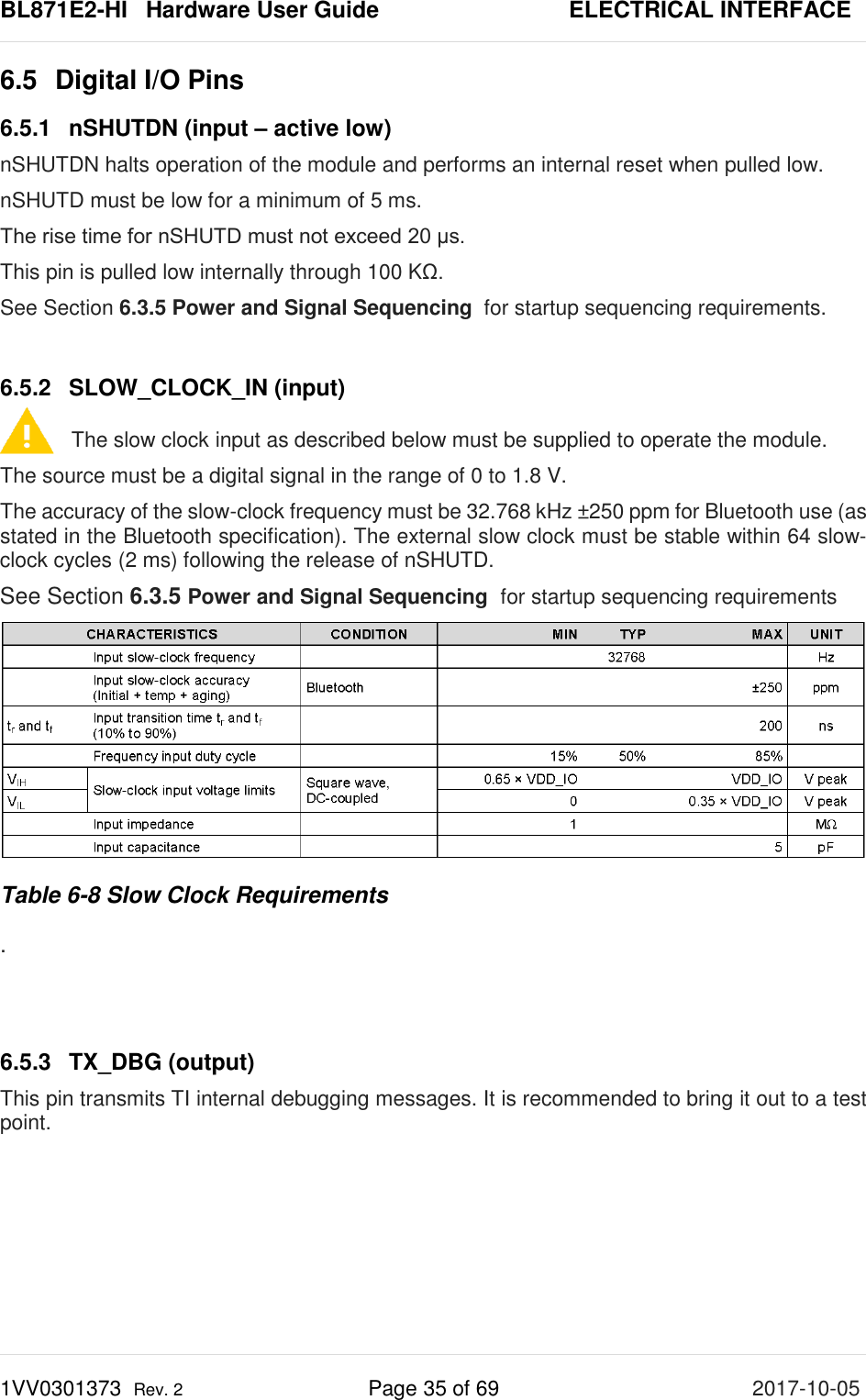 BL871E2-HI   Hardware User Guide       ELECTRICAL INTERFACE 1VV0301373  Rev. 2 Page 35 of 69 2017-10-05  6.5 Digital I/O Pins 6.5.1 nSHUTDN (input – active low) nSHUTDN halts operation of the module and performs an internal reset when pulled low. nSHUTD must be low for a minimum of 5 ms. The rise time for nSHUTD must not exceed 20 μs.  This pin is pulled low internally through 100 KΩ. See Section 6.3.5 Power and Signal Sequencing  for startup sequencing requirements.  6.5.2 SLOW_CLOCK_IN (input)  The slow clock input as described below must be supplied to operate the module. The source must be a digital signal in the range of 0 to 1.8 V.  The accuracy of the slow-clock frequency must be 32.768 kHz ±250 ppm for Bluetooth use (as stated in the Bluetooth specification). The external slow clock must be stable within 64 slow-clock cycles (2 ms) following the release of nSHUTD.  See Section 6.3.5 Power and Signal Sequencing  for startup sequencing requirements  Table 6-8 Slow Clock Requirements .   6.5.3 TX_DBG (output) This pin transmits TI internal debugging messages. It is recommended to bring it out to a test point.     