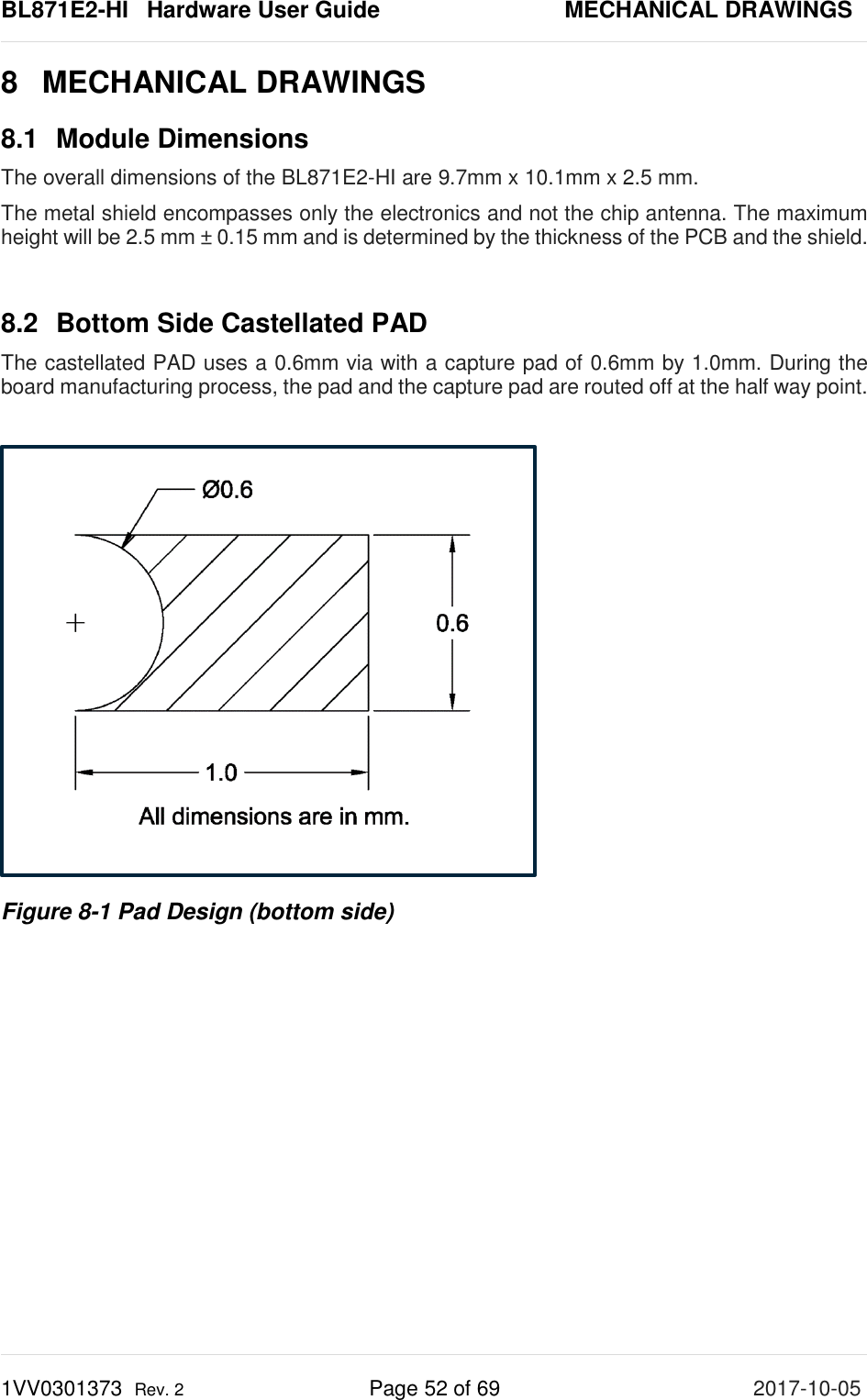 BL871E2-HI   Hardware User Guide       MECHANICAL DRAWINGS 1VV0301373  Rev. 2 Page 52 of 69 2017-10-05  8  MECHANICAL DRAWINGS 8.1 Module Dimensions The overall dimensions of the BL871E2-HI are 9.7mm x 10.1mm x 2.5 mm.  The metal shield encompasses only the electronics and not the chip antenna. The maximum height will be 2.5 mm ± 0.15 mm and is determined by the thickness of the PCB and the shield.  8.2 Bottom Side Castellated PAD The castellated PAD uses a 0.6mm via with a capture pad of 0.6mm by 1.0mm. During the board manufacturing process, the pad and the capture pad are routed off at the half way point.   Figure 8-1 Pad Design (bottom side) 