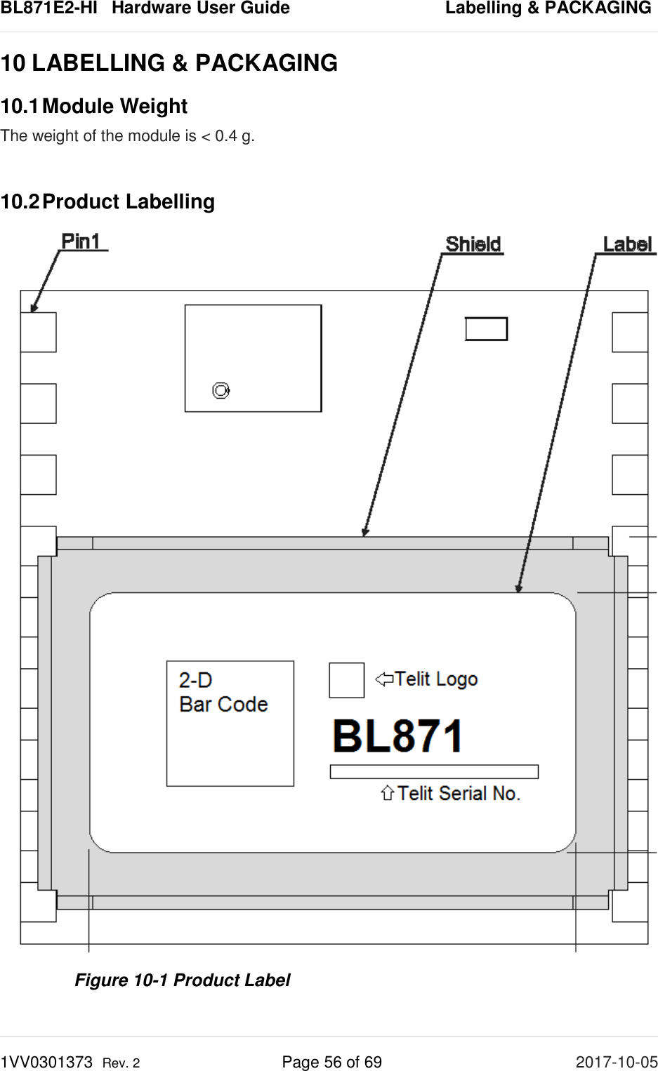 BL871E2-HI   Hardware User Guide       Labelling &amp; PACKAGING 1VV0301373  Rev. 2 Page 56 of 69 2017-10-05  10 LABELLING &amp; PACKAGING 10.1 Module Weight The weight of the module is &lt; 0.4 g.  10.2 Product Labelling  Figure 10-1 Product Label 
