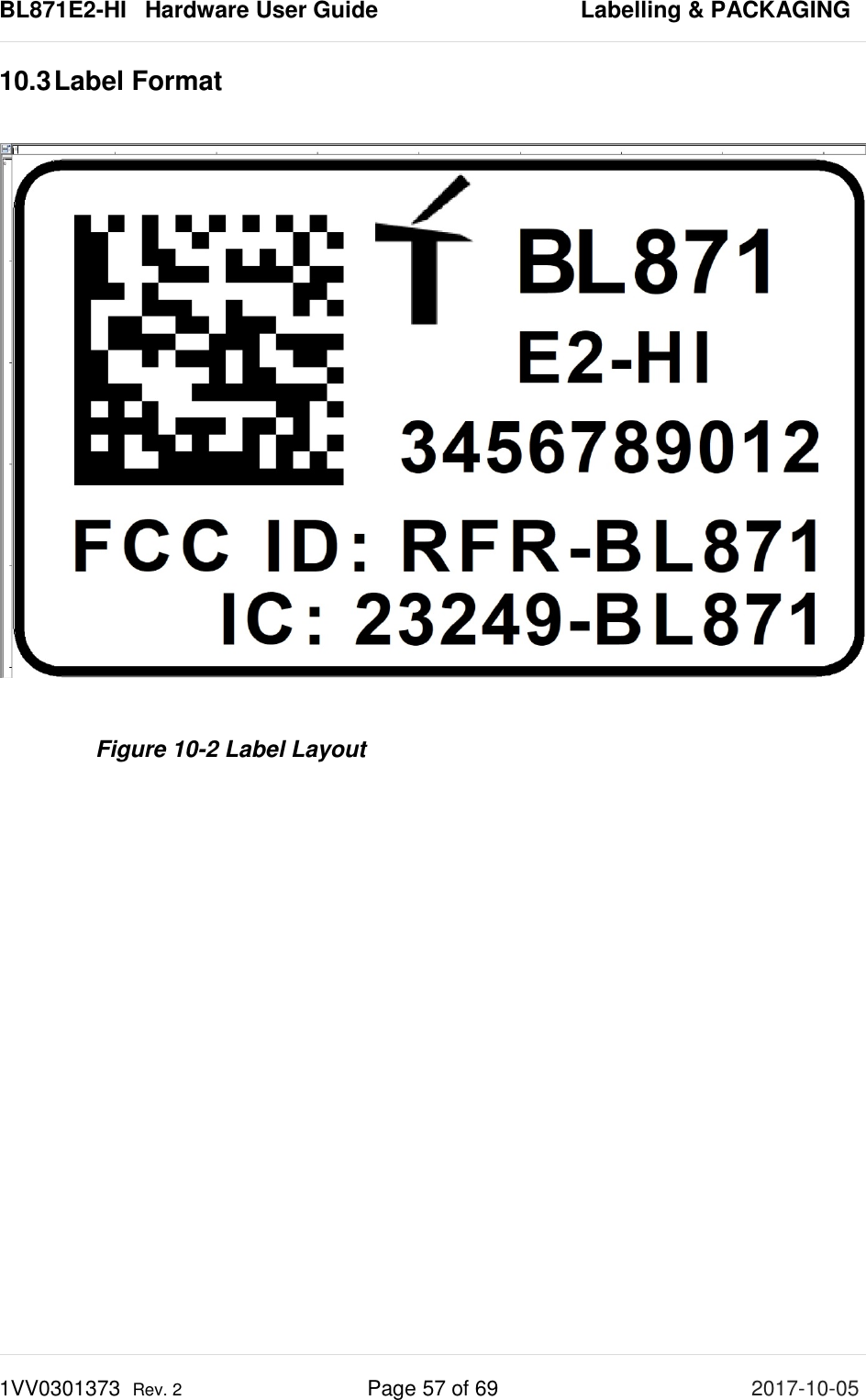 BL871E2-HI   Hardware User Guide       Labelling &amp; PACKAGING 1VV0301373  Rev. 2 Page 57 of 69 2017-10-05  10.3 Label Format    Figure 10-2 Label Layout   