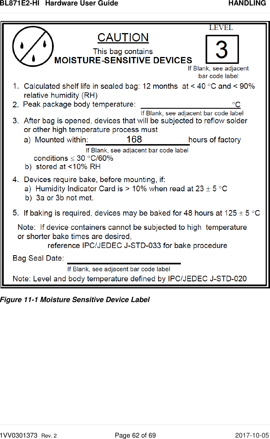 BL871E2-HI   Hardware User Guide       HANDLING 1VV0301373  Rev. 2 Page 62 of 69 2017-10-05   Figure 11-1 Moisture Sensitive Device Label    