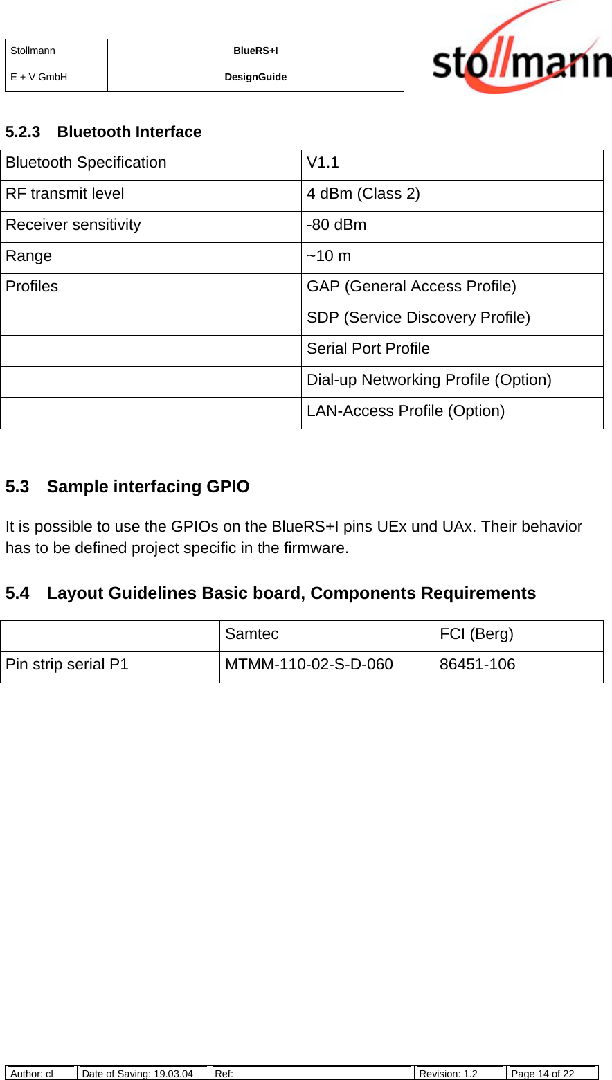 StollmannE + V GmbHBlueRS+IDesignGuideAuthor: cl Date of Saving: 19.03.04 Ref: Revision: 1.2 Page 14 of 225.2.3 Bluetooth InterfaceBluetooth Specification V1.1RF transmit level 4 dBm (Class 2)Receiver sensitivity -80 dBmRange ~10 mProfiles GAP (General Access Profile)SDP (Service Discovery Profile)Serial Port ProfileDial-up Networking Profile (Option)LAN-Access Profile (Option)5.3 Sample interfacing GPIOIt is possible to use the GPIOs on the BlueRS+I pins UEx und UAx. Their behaviorhas to be defined project specific in the firmware.5.4  Layout Guidelines Basic board, Components RequirementsSamtec FCI (Berg)Pin strip serial P1 MTMM-110-02-S-D-060 86451-106