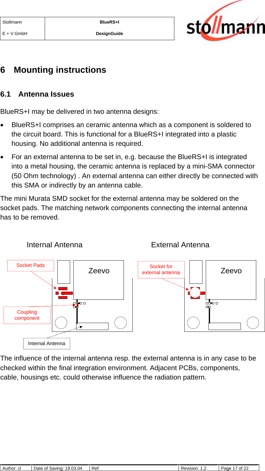 StollmannE + V GmbHBlueRS+IDesignGuideAuthor: cl Date of Saving: 19.03.04 Ref: Revision: 1.2 Page 17 of 226 Mounting instructions6.1 Antenna IssuesBlueRS+I may be delivered in two antenna designs:•  BlueRS+I comprises an ceramic antenna which as a component is soldered tothe circuit board. This is functional for a BlueRS+I integrated into a plastichousing. No additional antenna is required.•  For an external antenna to be set in, e.g. because the BlueRS+I is integratedinto a metal housing, the ceramic antenna is replaced by a mini-SMA connector(50 Ohm technology) . An external antenna can either directly be connected withthis SMA or indirectly by an antenna cable.The mini Murata SMD socket for the external antenna may be soldered on thesocket pads. The matching network components connecting the internal antennahas to be removed.The influence of the internal antenna resp. the external antenna is in any case to bechecked within the final integration environment. Adjacent PCBs, components,cable, housings etc. could otherwise influence the radiation pattern.ZeevoSocket PadsCouplingcomponentZeevoInternal AntennaSocket forexternal antennaInternal Antenna External Antenna