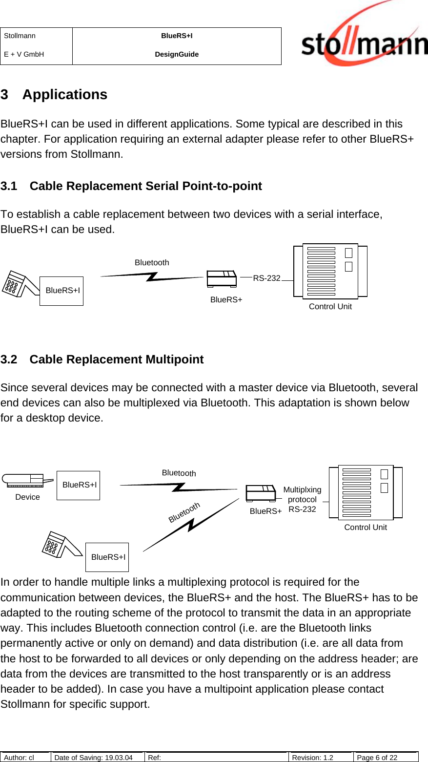 StollmannE + V GmbHBlueRS+IDesignGuideAuthor: cl Date of Saving: 19.03.04 Ref: Revision: 1.2 Page 6 of 223 ApplicationsBlueRS+I can be used in different applications. Some typical are described in thischapter. For application requiring an external adapter please refer to other BlueRS+versions from Stollmann.3.1  Cable Replacement Serial Point-to-pointTo establish a cable replacement between two devices with a serial interface,BlueRS+I can be used.3.2  Cable Replacement MultipointSince several devices may be connected with a master device via Bluetooth, severalend devices can also be multiplexed via Bluetooth. This adaptation is shown belowfor a desktop device.In order to handle multiple links a multiplexing protocol is required for thecommunication between devices, the BlueRS+ and the host. The BlueRS+ has to beadapted to the routing scheme of the protocol to transmit the data in an appropriateway. This includes Bluetooth connection control (i.e. are the Bluetooth linkspermanently active or only on demand) and data distribution (i.e. are all data fromthe host to be forwarded to all devices or only depending on the address header; aredata from the devices are transmitted to the host transparently or is an addressheader to be added). In case you have a multipoint application please contactStollmann for specific support.BluetoothRS-232BlueRS+ Control UnitBlueRS+IBluetoothMultiplxingprotocolRS-232BlueRS+Control UnitDeviceBluetoothBlueRS+IBlueRS+I